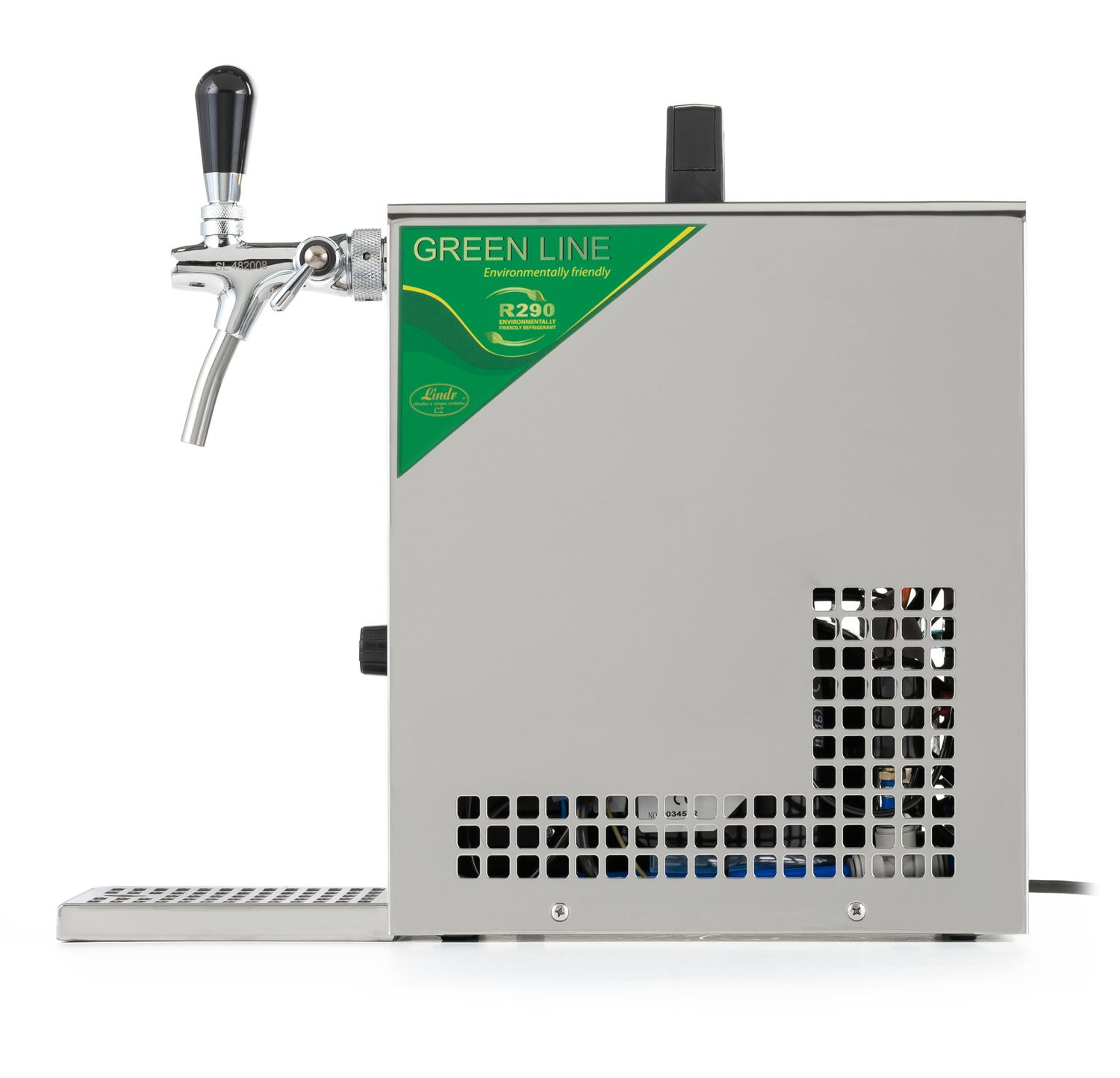 Eine silberne Bierhahnmaschine mit einem grünen 'Green Line' Etikett.