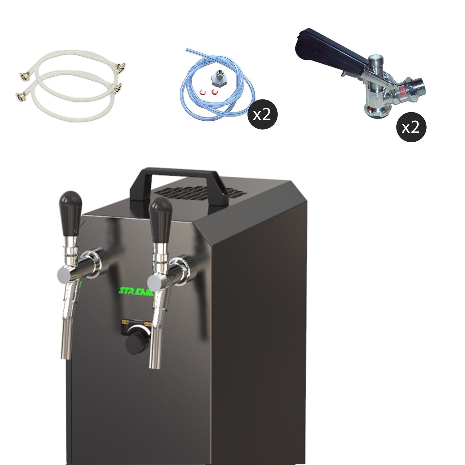 Biertapsysteem met twee kranen, een zwarte koeler en een paar slangen. Items staan op een witte achtergrond.