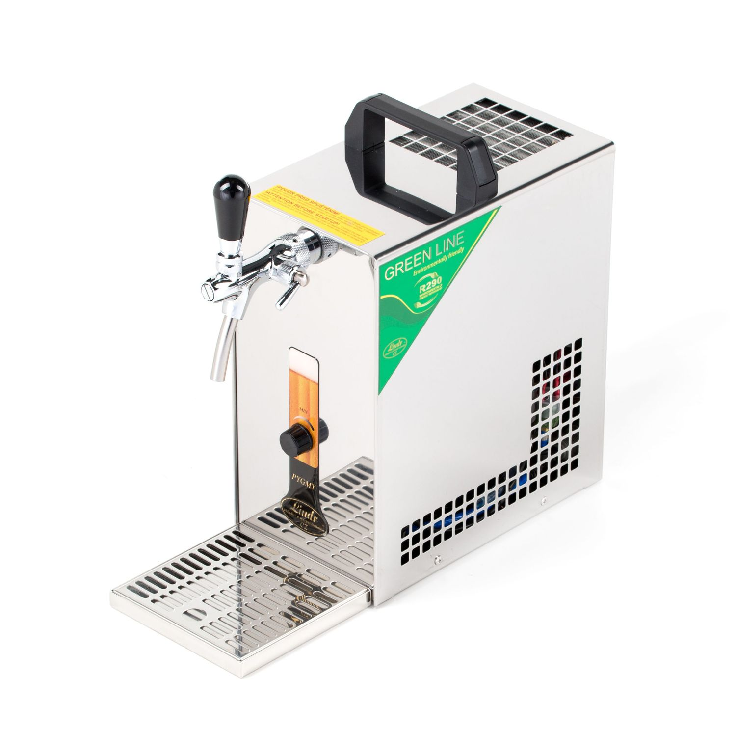 Une machine à bière en acier inoxydable sur une surface blanche.