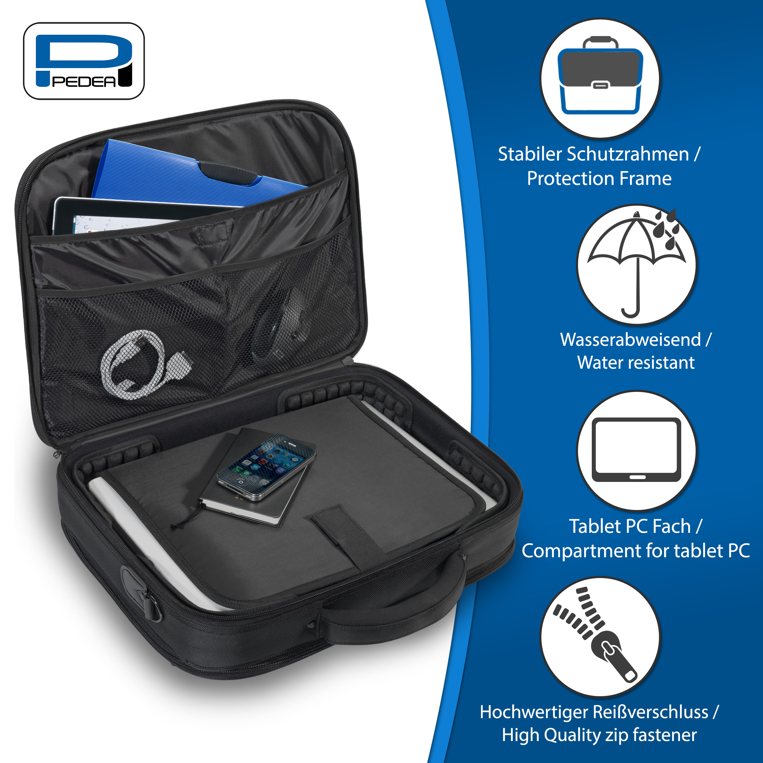 Schwarze Laptoptasche mit Tablet, Telefon und Text an der Seite.