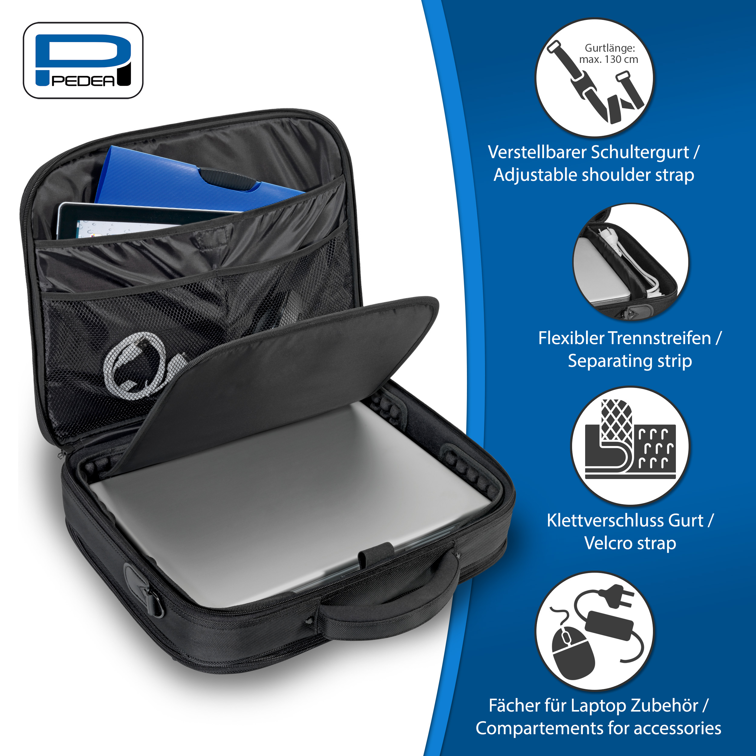 Schwarze Laptoptasche. Sie hat mehrere Fächer. Die Tasche hat einen Griff und einen Schultergurt.