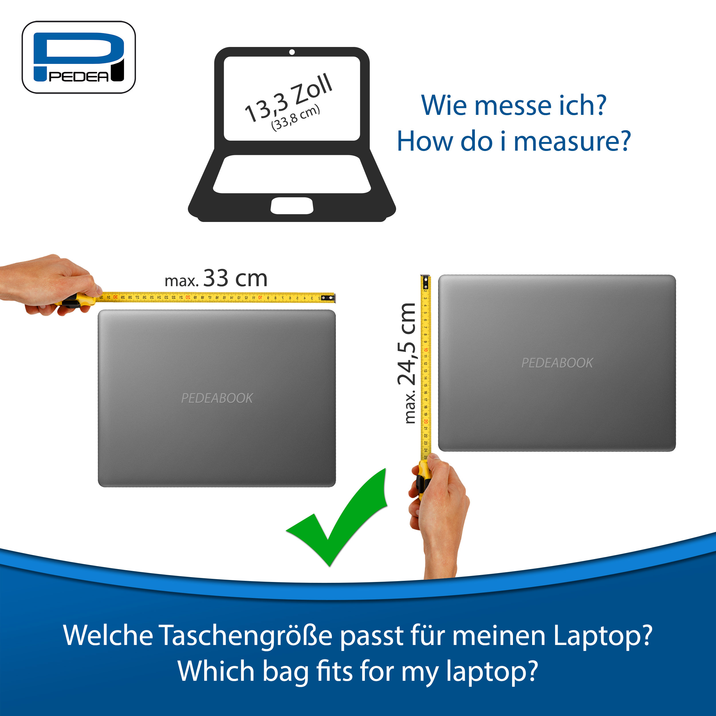 Eine Person misst einen Laptop mit einem Lineal, um die richtige Taschengröße zu ermitteln.