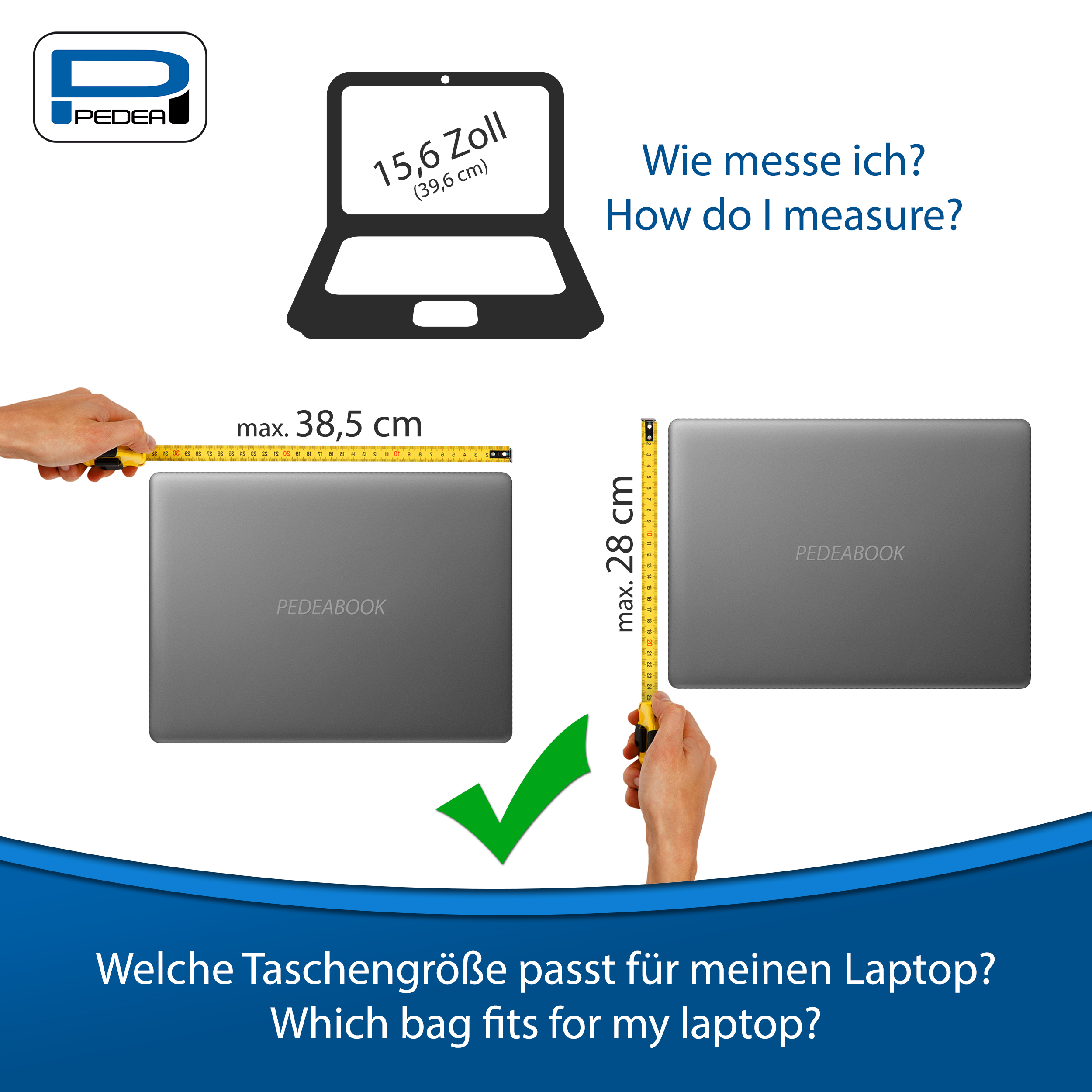 Ein Laptop und ein Maßband. Eine Hand misst die Breite und Höhe des Laptops.