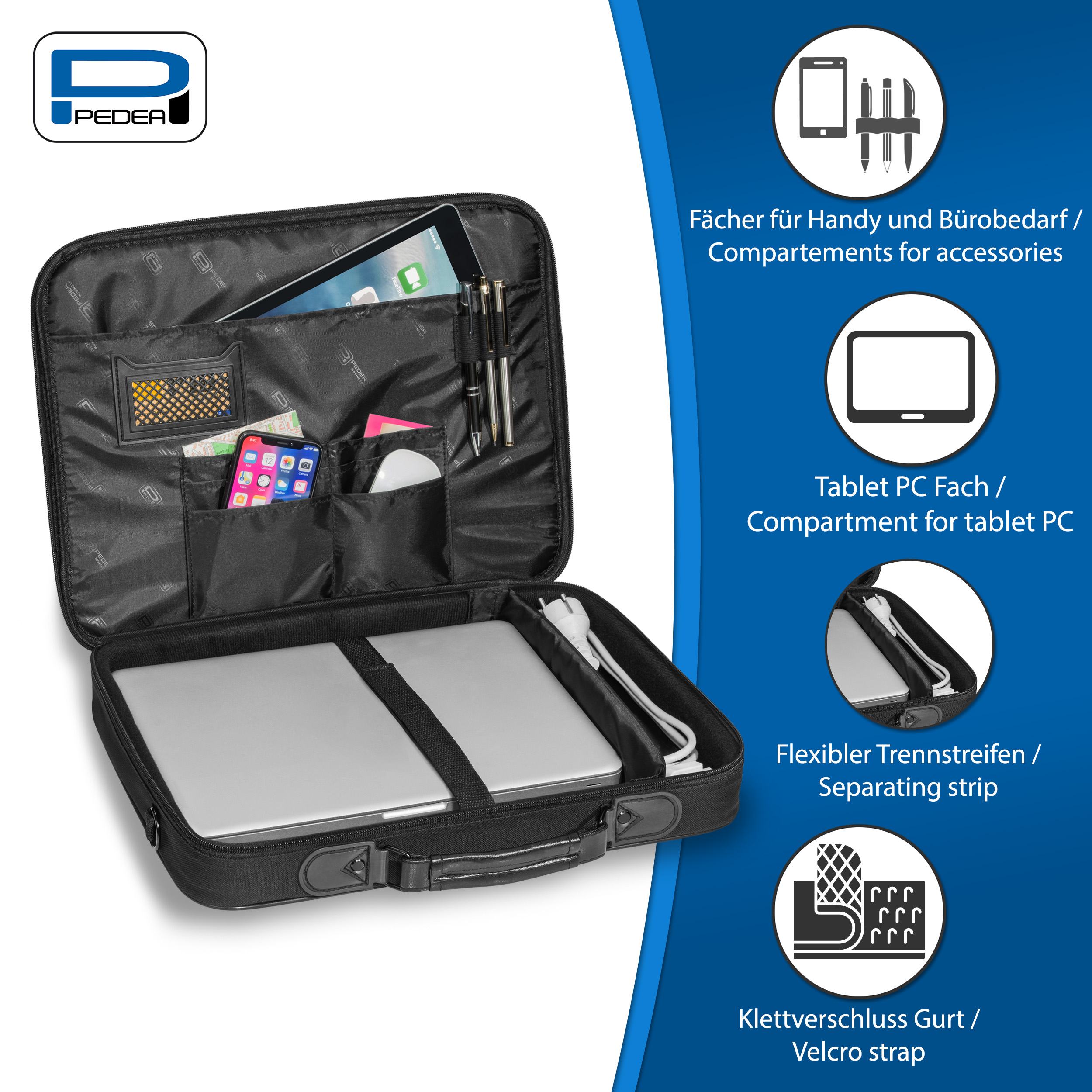 Eine schwarze Laptoptasche mit mehreren Fächern und weißem Hintergrund. Zubehör und Tablet enthalten.