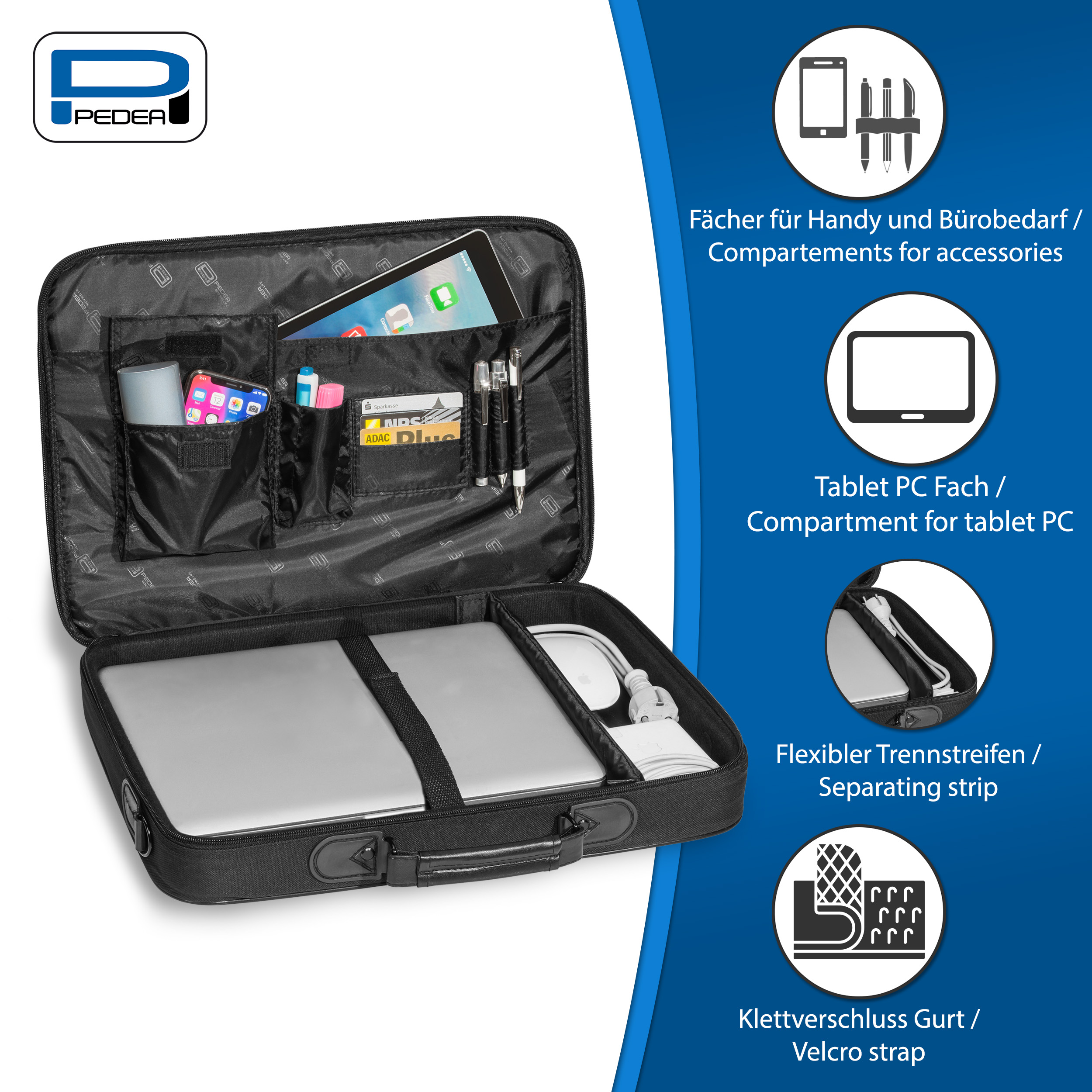 Schwarze Laptoptasche mit Fächern. Enthält Laptop, Tablet, Stifte, Karten und Maus.