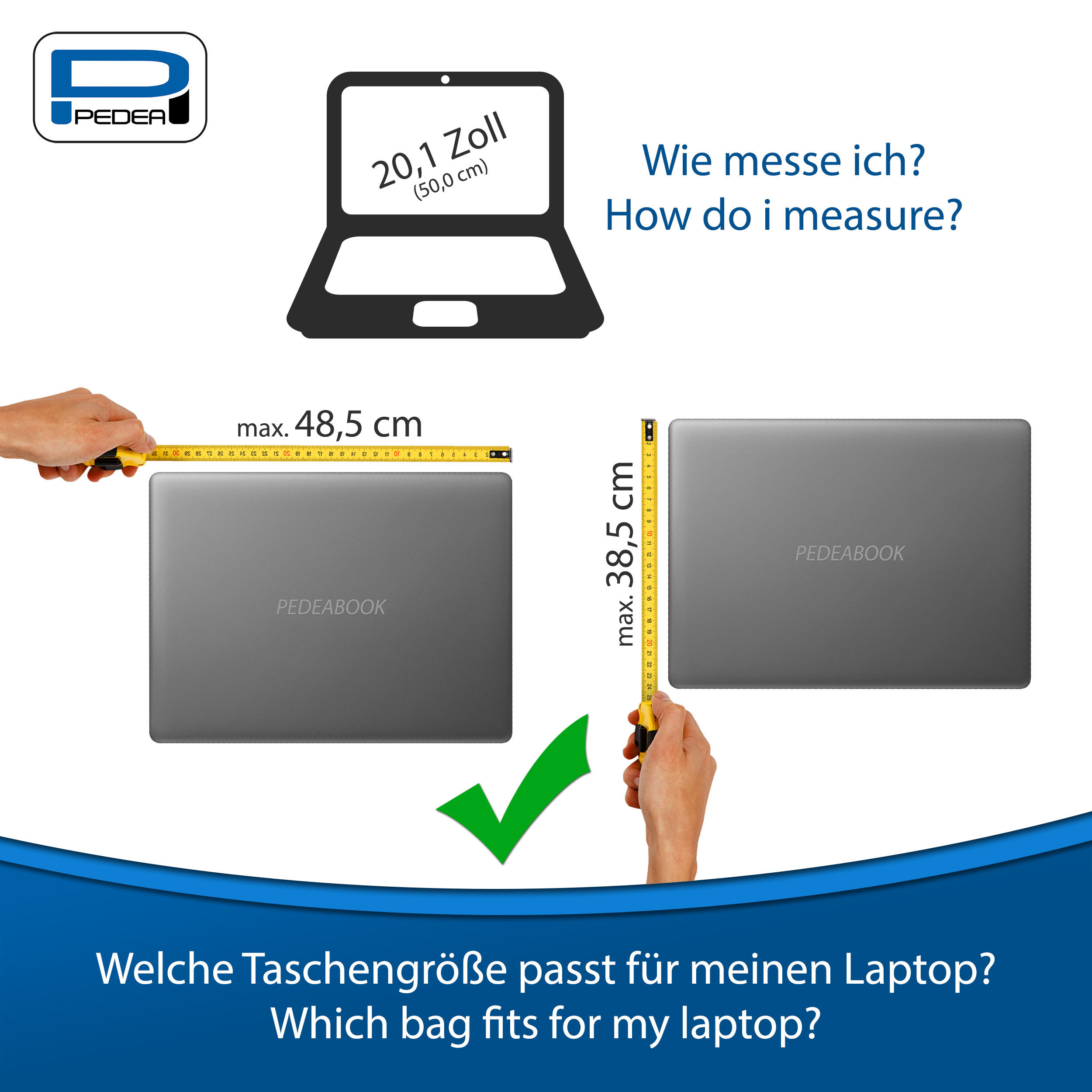 Ein Laptop, der mit einem gelben Maßband gemessen wird, mit einem grünen Häkchen daneben.