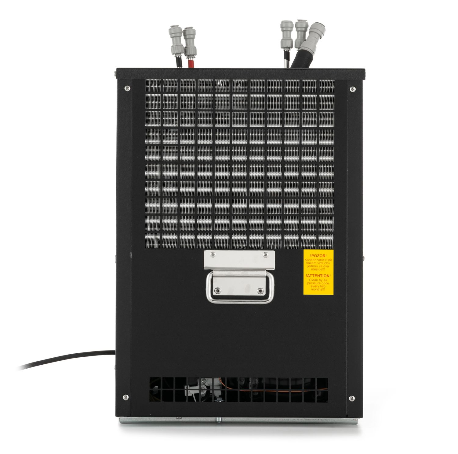 Vue arrière d'une unité de réfrigération noire avec grille métallique.
