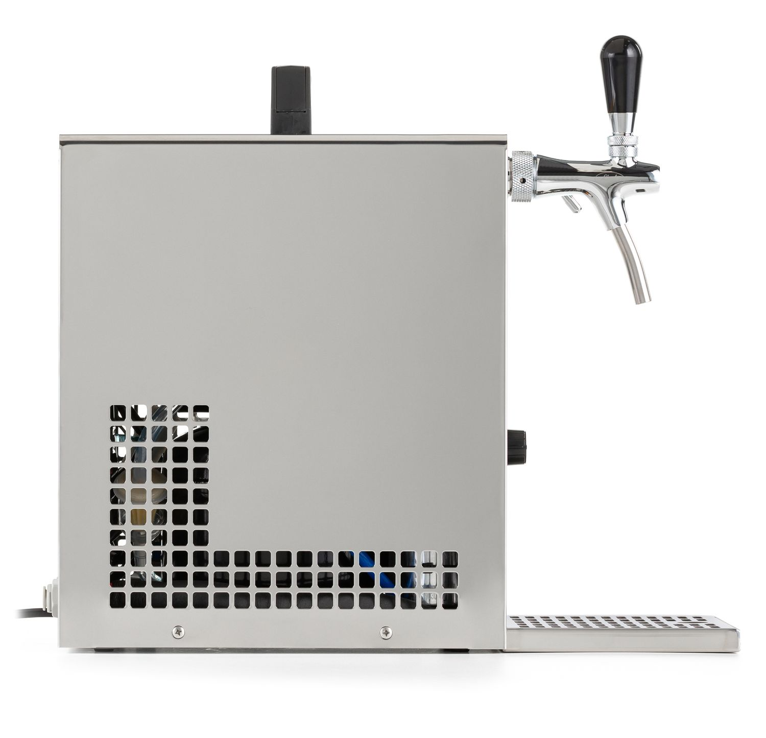Distributeur de bière en acier inoxydable avec robinet, bac d'égouttement et trous de ventilation. Fond blanc.