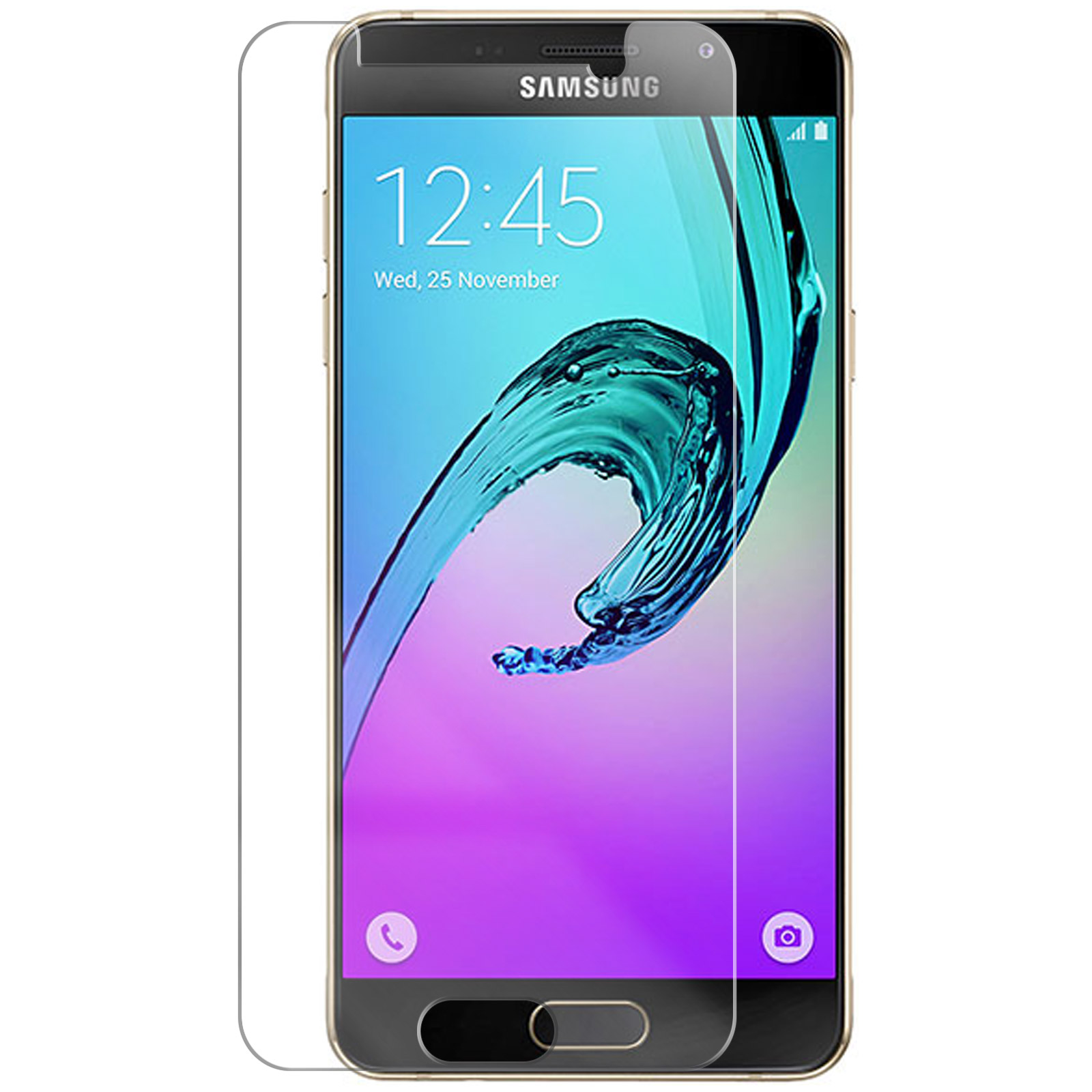 Teléfono con protector de pantalla. Fondo blanco. Se muestra la hora.