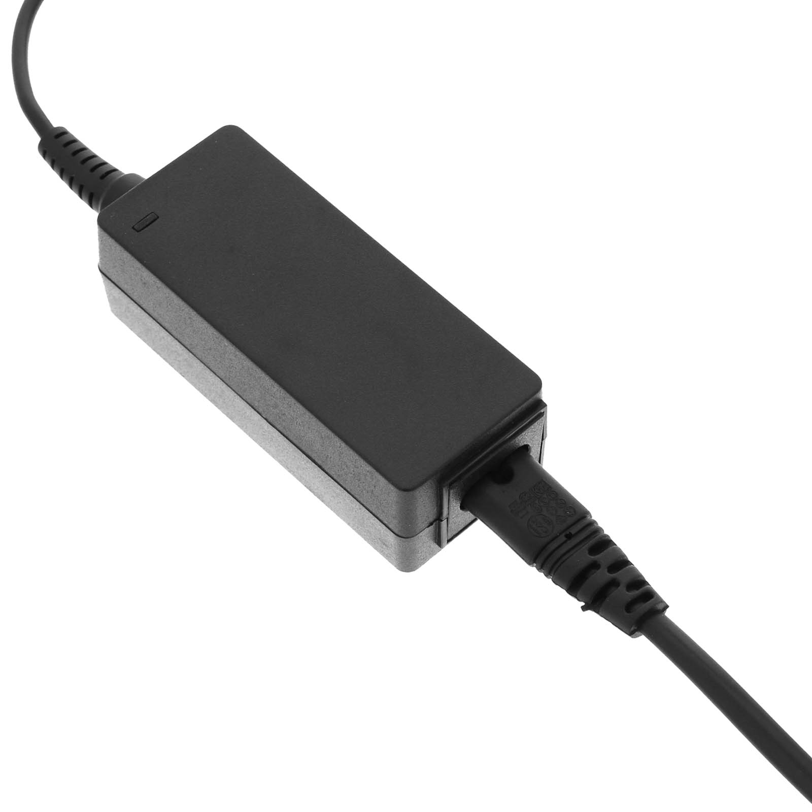 Schwarzes Laptop-Ladegerät mit schwarzem Kabel und Stecker.