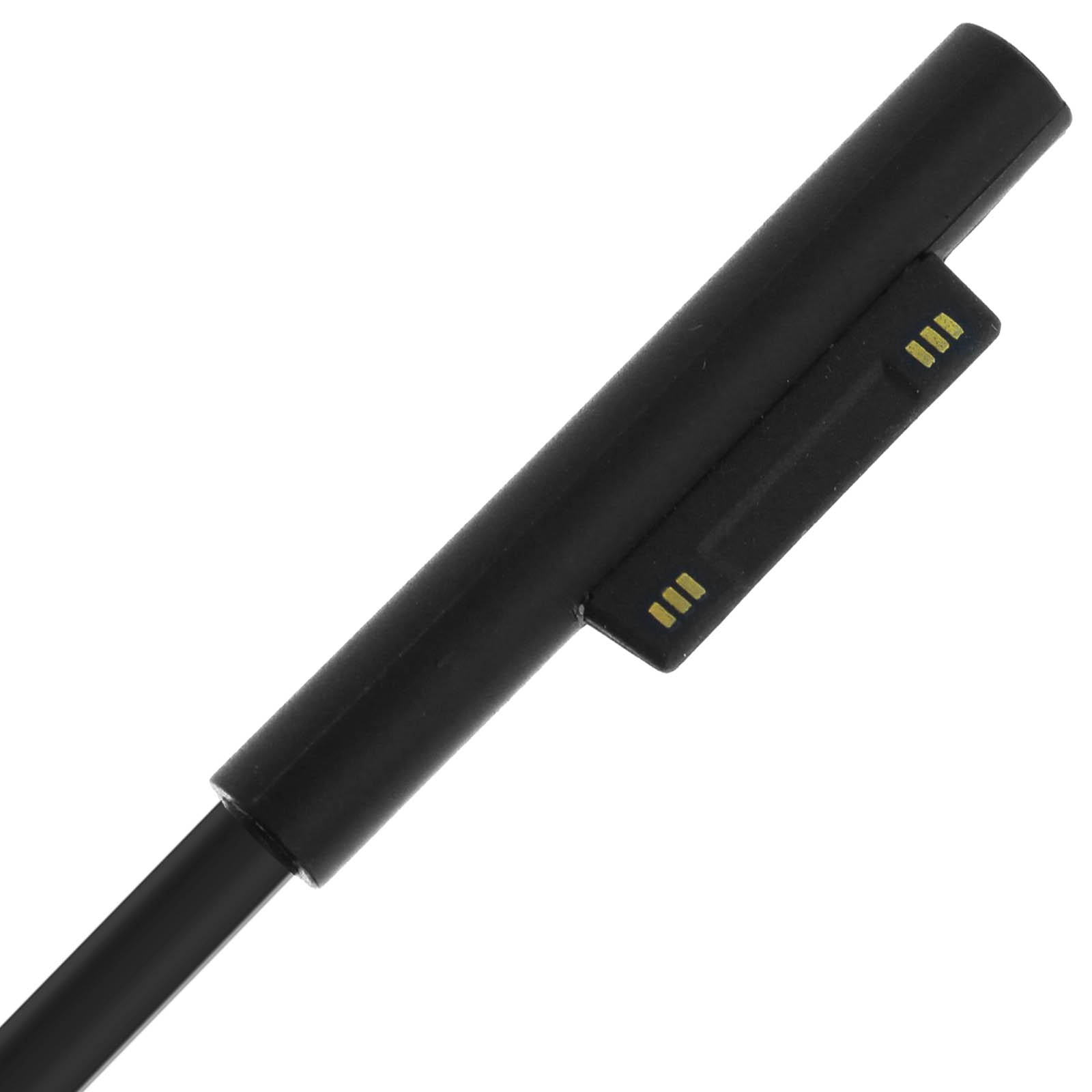 Ein schwarzer, rechteckiger Stecker mit goldenen Anschlüssen. Der Stecker ist an einem schwarzen Kabel befestigt.