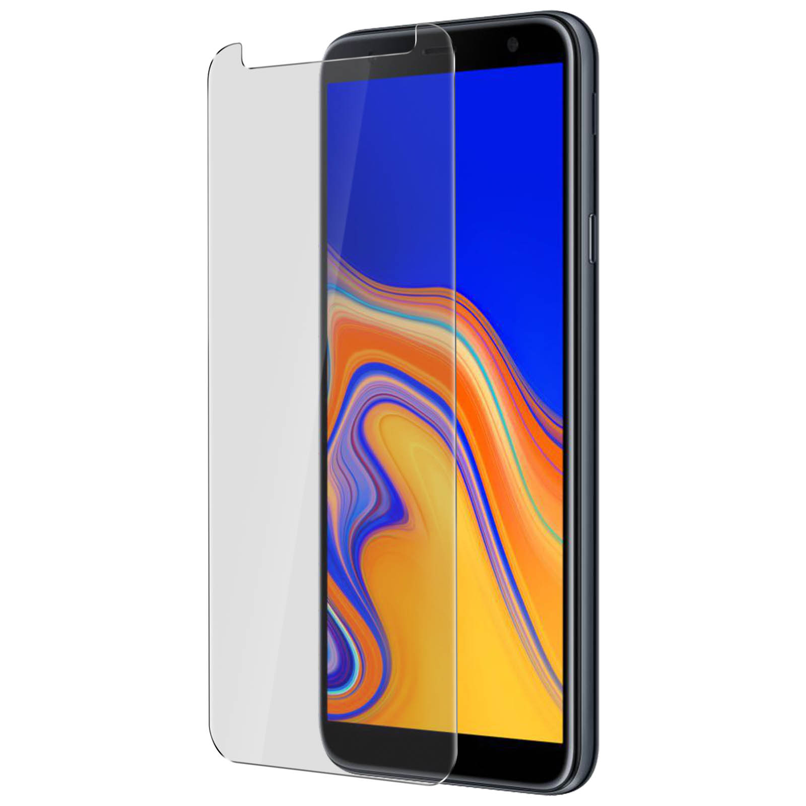 Smartphone con protezione schermo applicata. Lo schermo mostra uno sfondo blu e giallo.