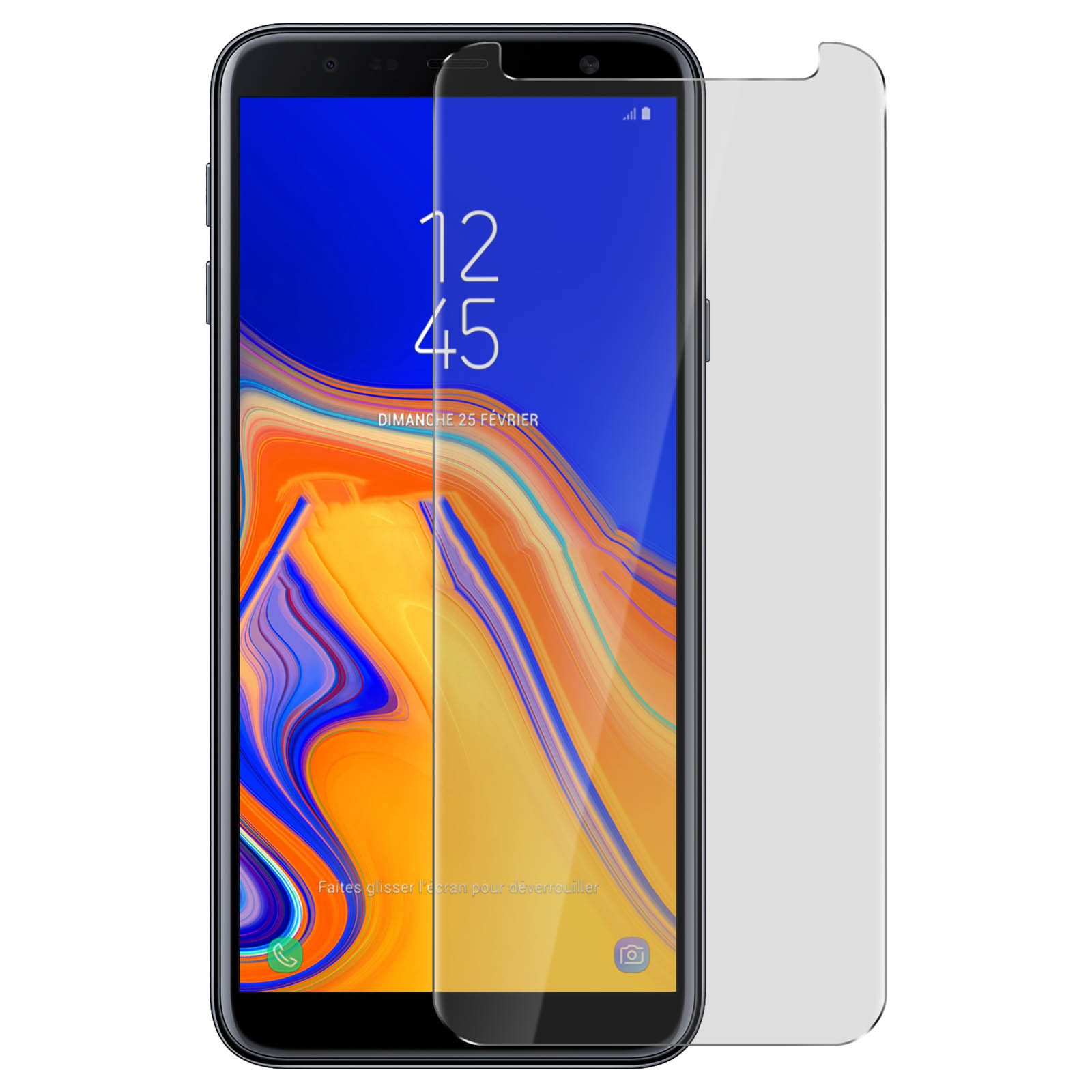 Uno smartphone con una protezione per lo schermo applicata. Sfondo bianco.