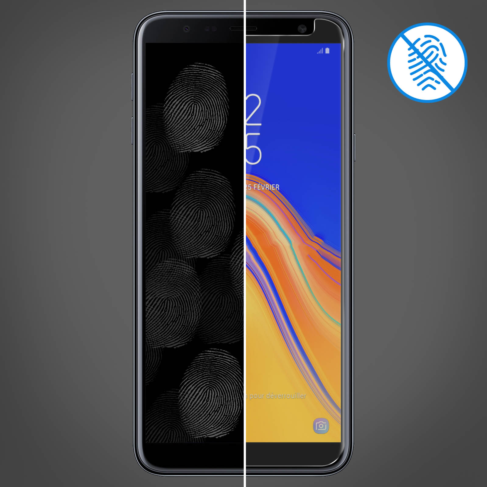 Uno smartphone nero con schermo diviso. Un lato mostra impronte digitali, l'altro uno schermo pulito.