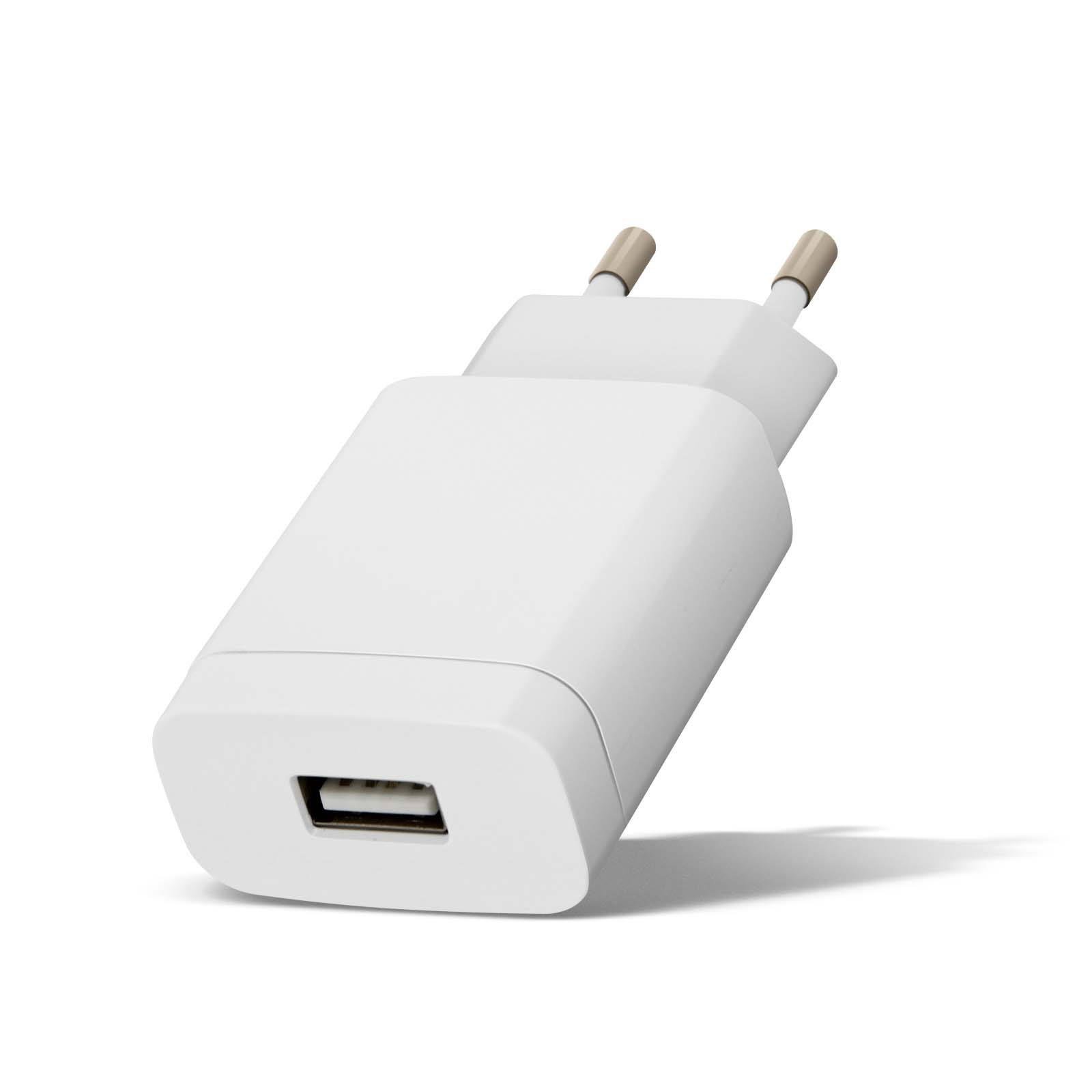 Caricatore USB bianco. Porta USB in basso. Due spine in alto.