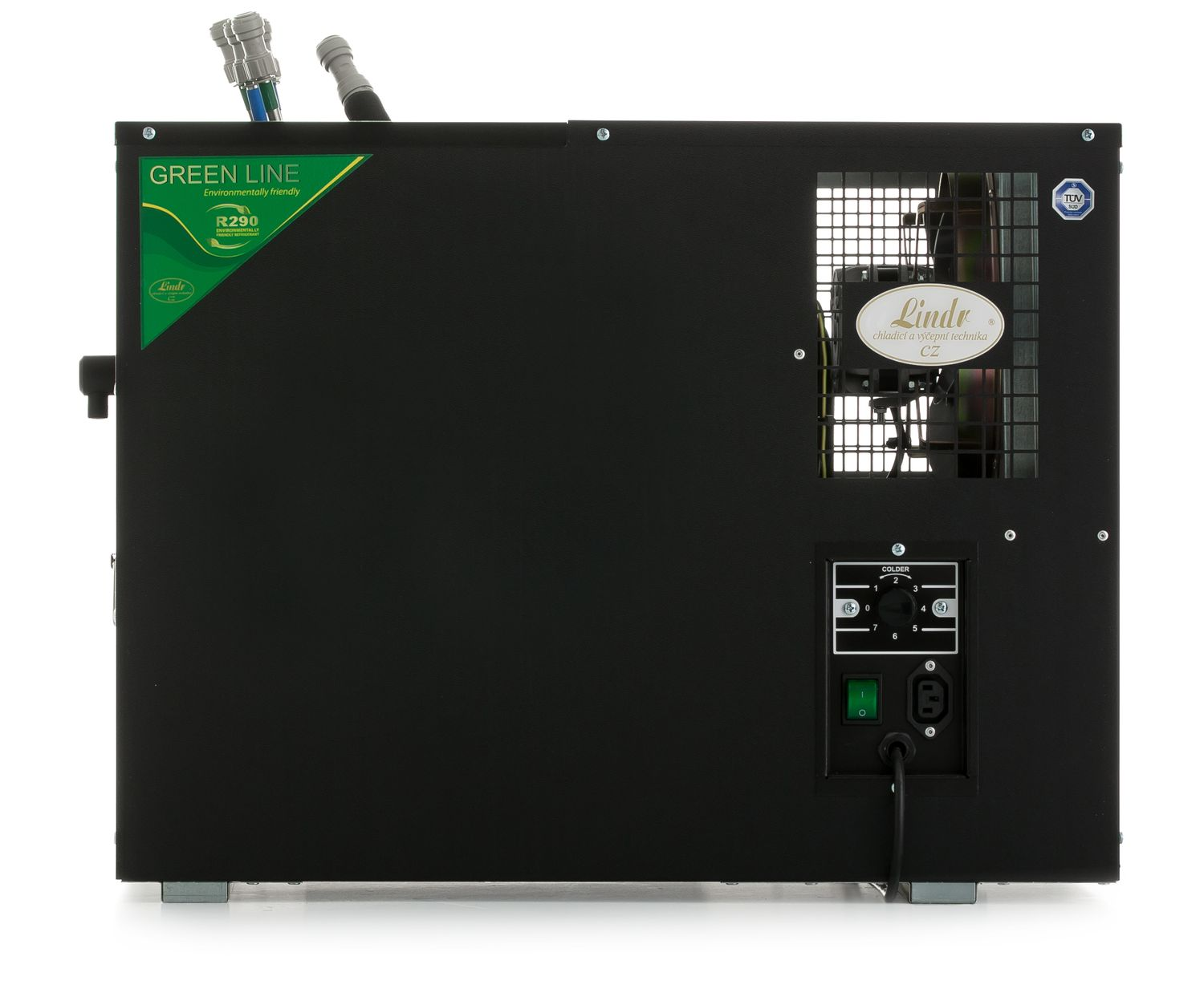 Arrière d'un distributeur de bière en inox avec une étiquette verte. Ventilation.
