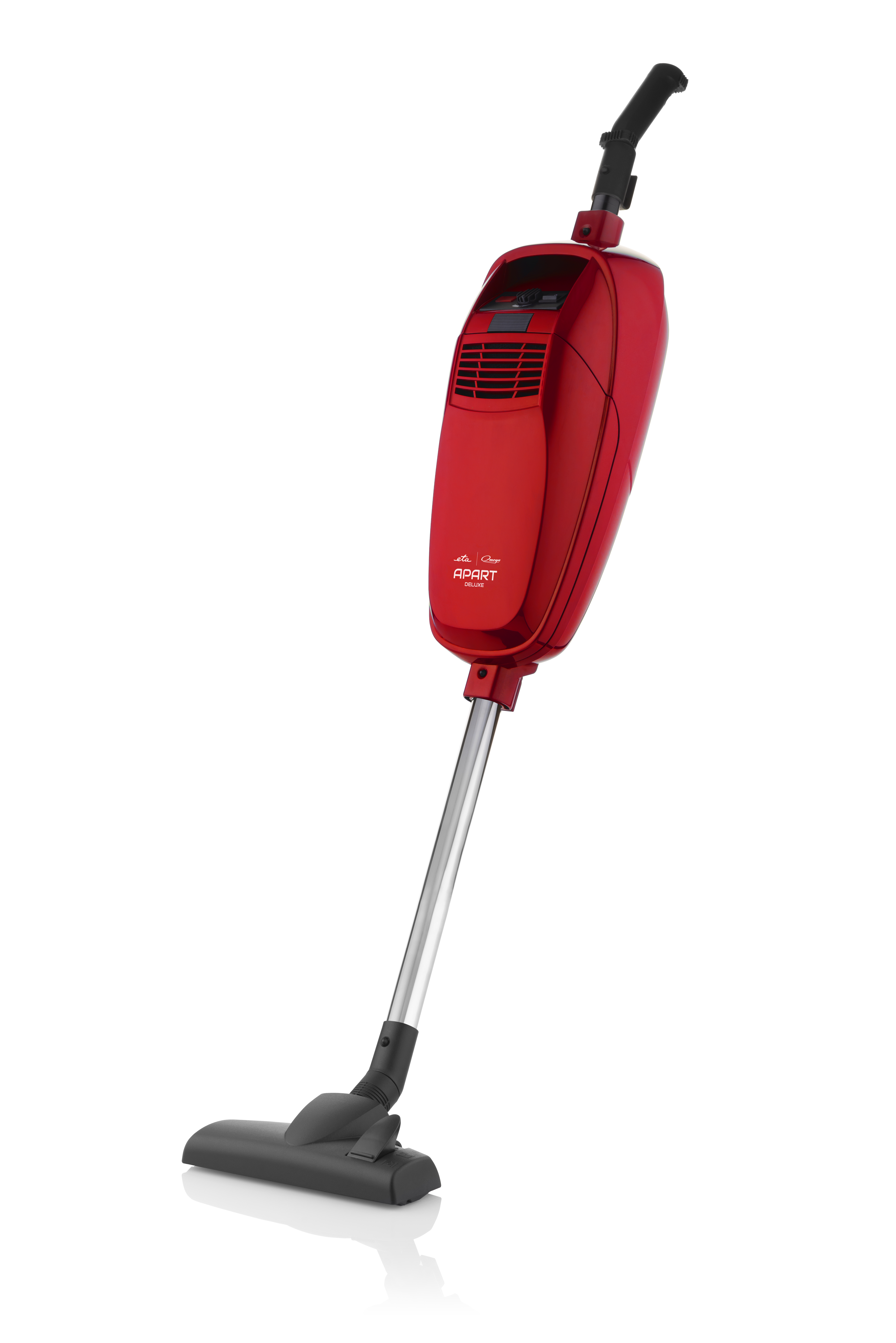 Ein roter Staubsauger mit langem Griff, nach links abgewinkelt.