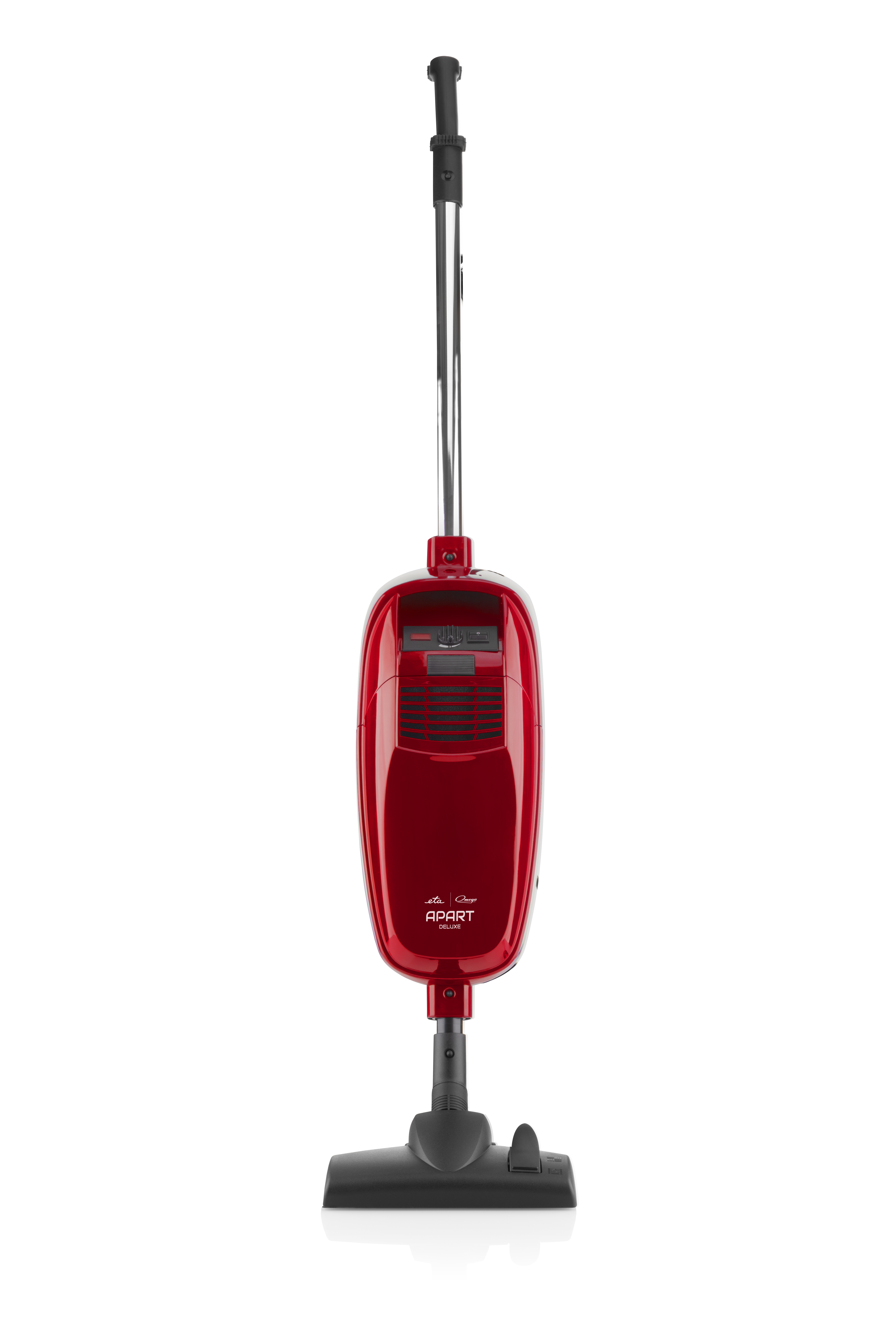 Roter, aufrechter Staubsauger mit langem Griff und schwarzer Düse, auf weißem Hintergrund.