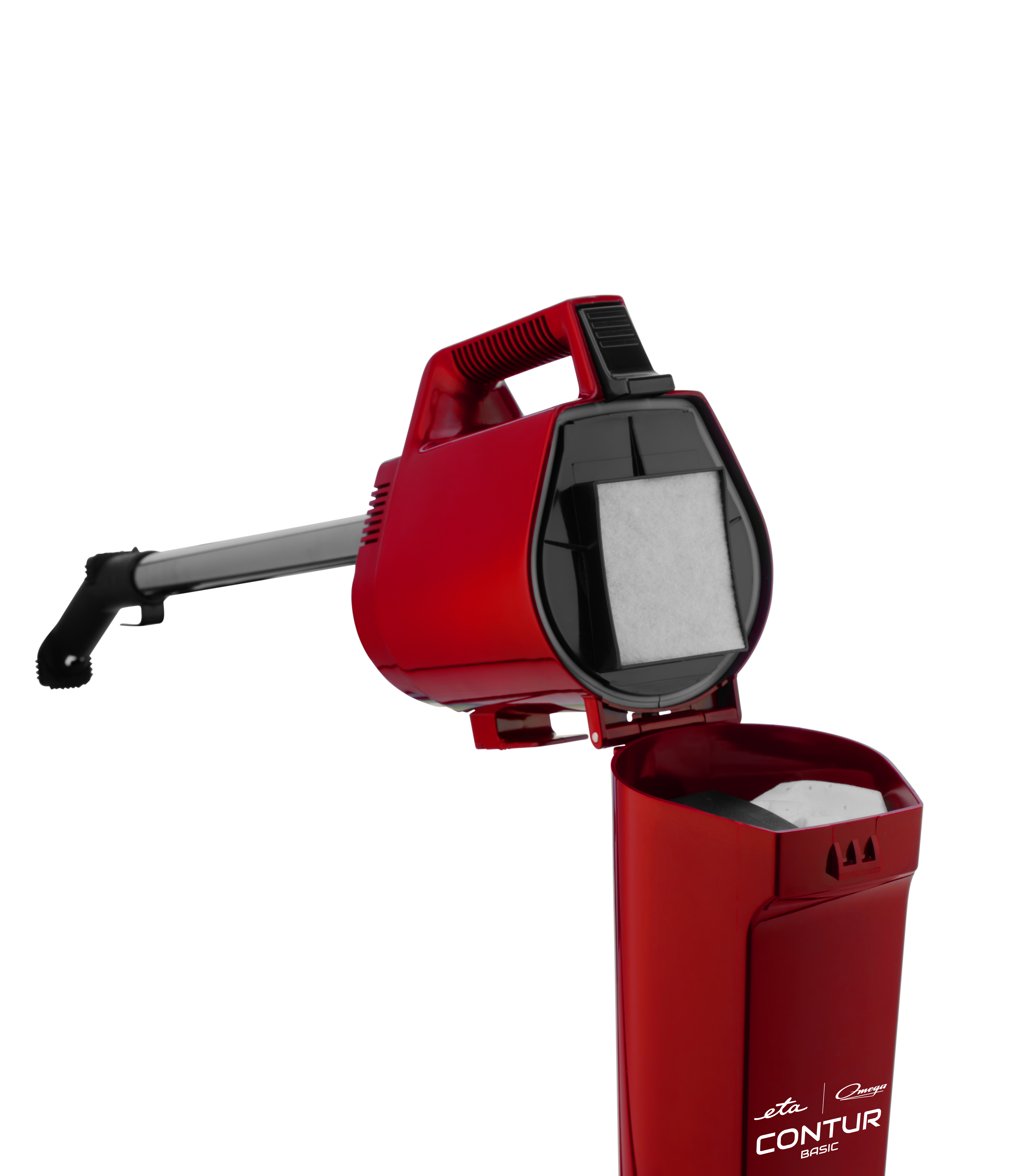 Ein roter Staubsauger mit offenem Fach, das einen Filter und ein anderes Fach zeigt.