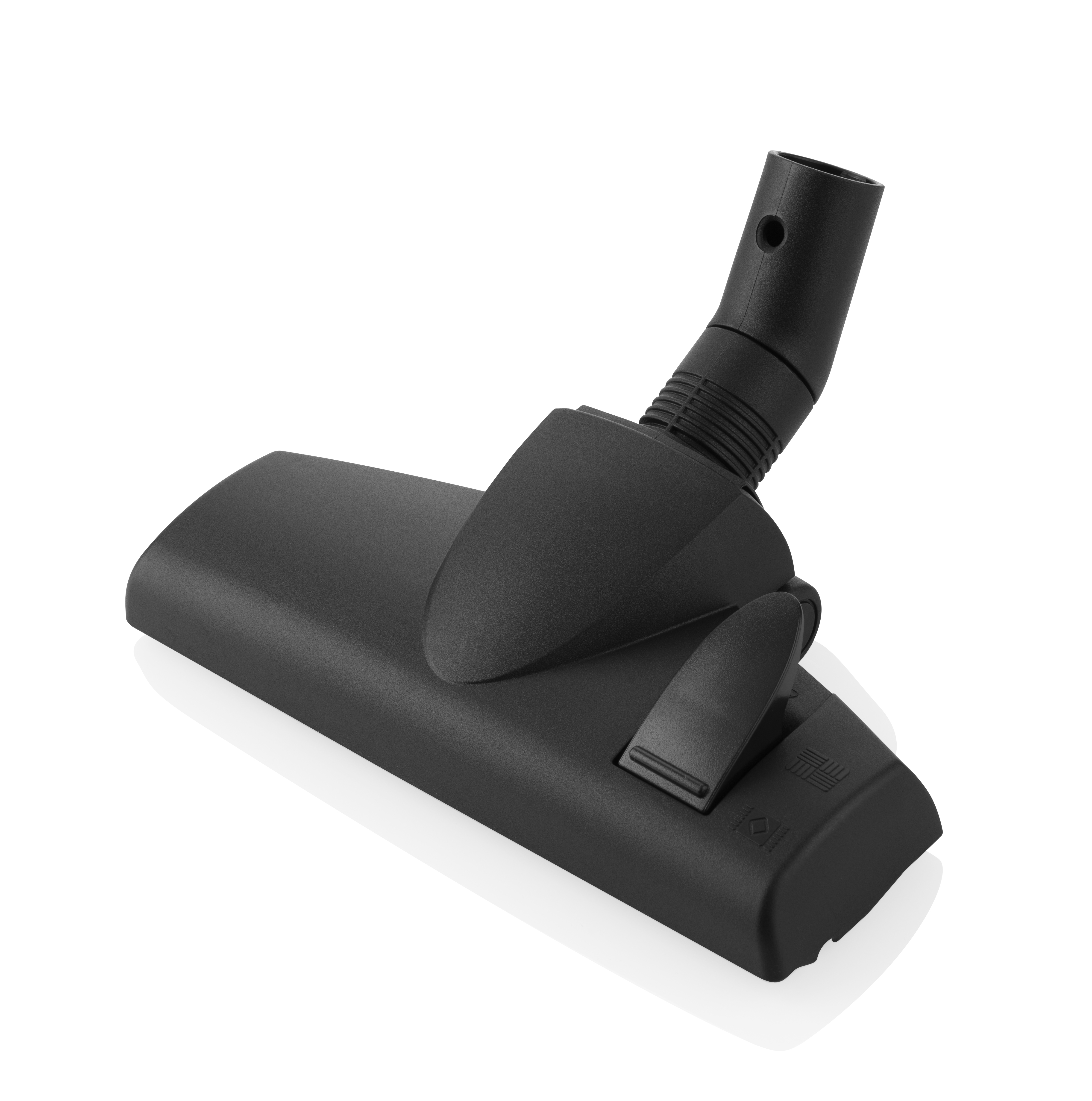 Schwarzer Staubsaugerkopf mit geschwungenem Design und kleinem Seitenaufsatz.