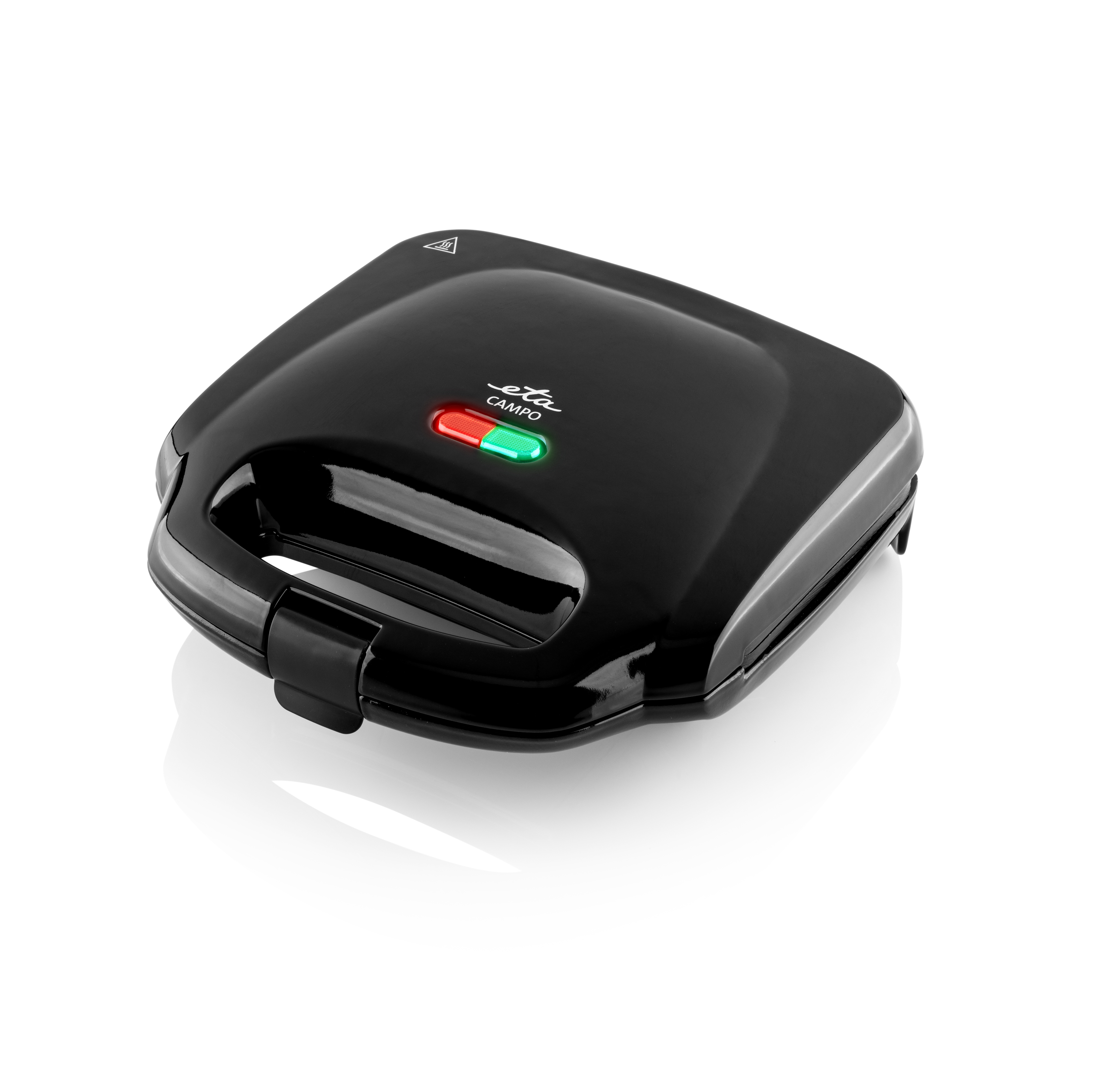 Waffle maker nero con luci rosse e verdi.