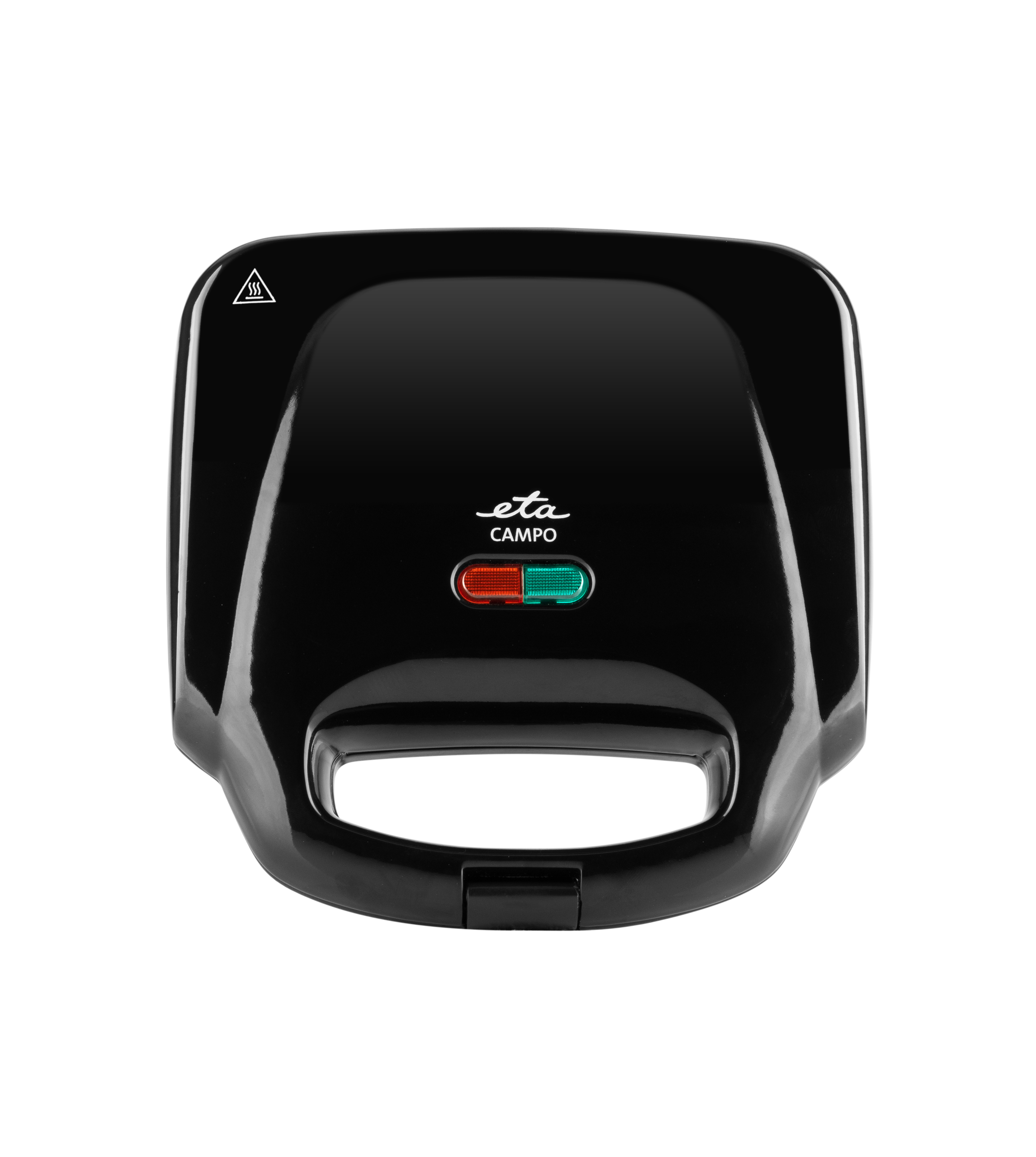 Sandwich maker nero con etichetta eta campo e indicatori luminosi rosso/verdi.