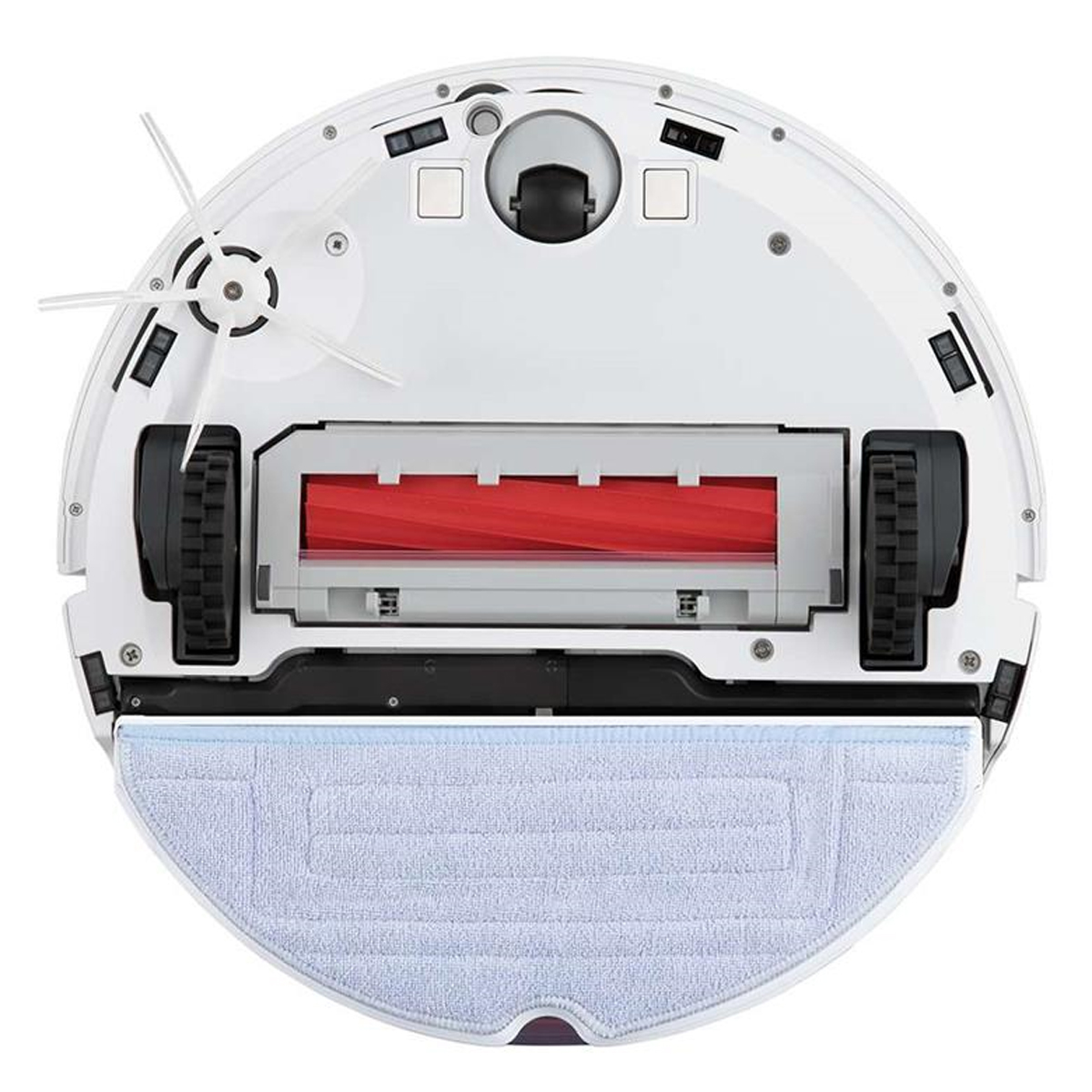 Roboter-Staubsauger, weiß mit roter Bürste, Unteransicht.