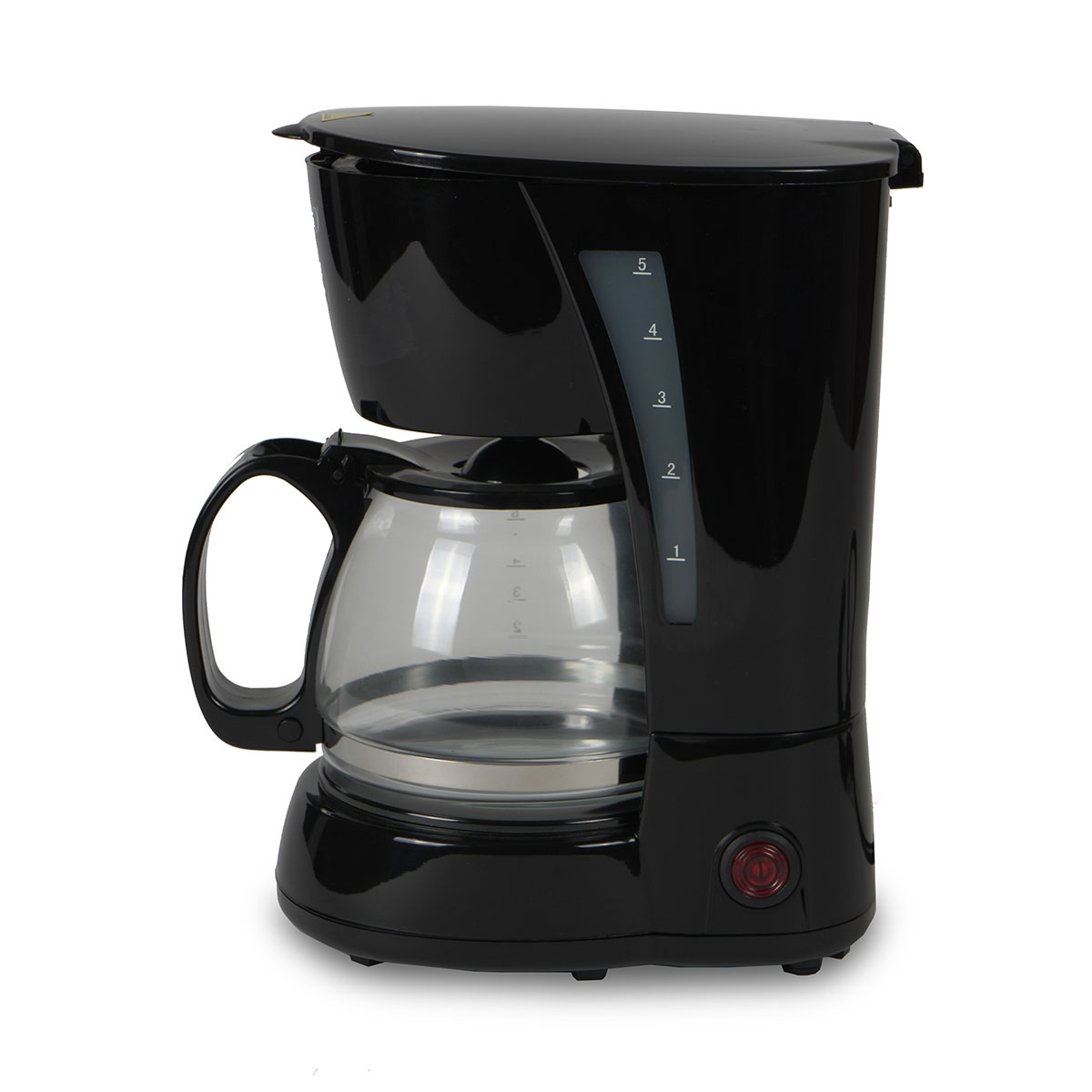 Cafetera negra con jarra de vidrio, números para el nivel de agua y botón de encendido rojo.