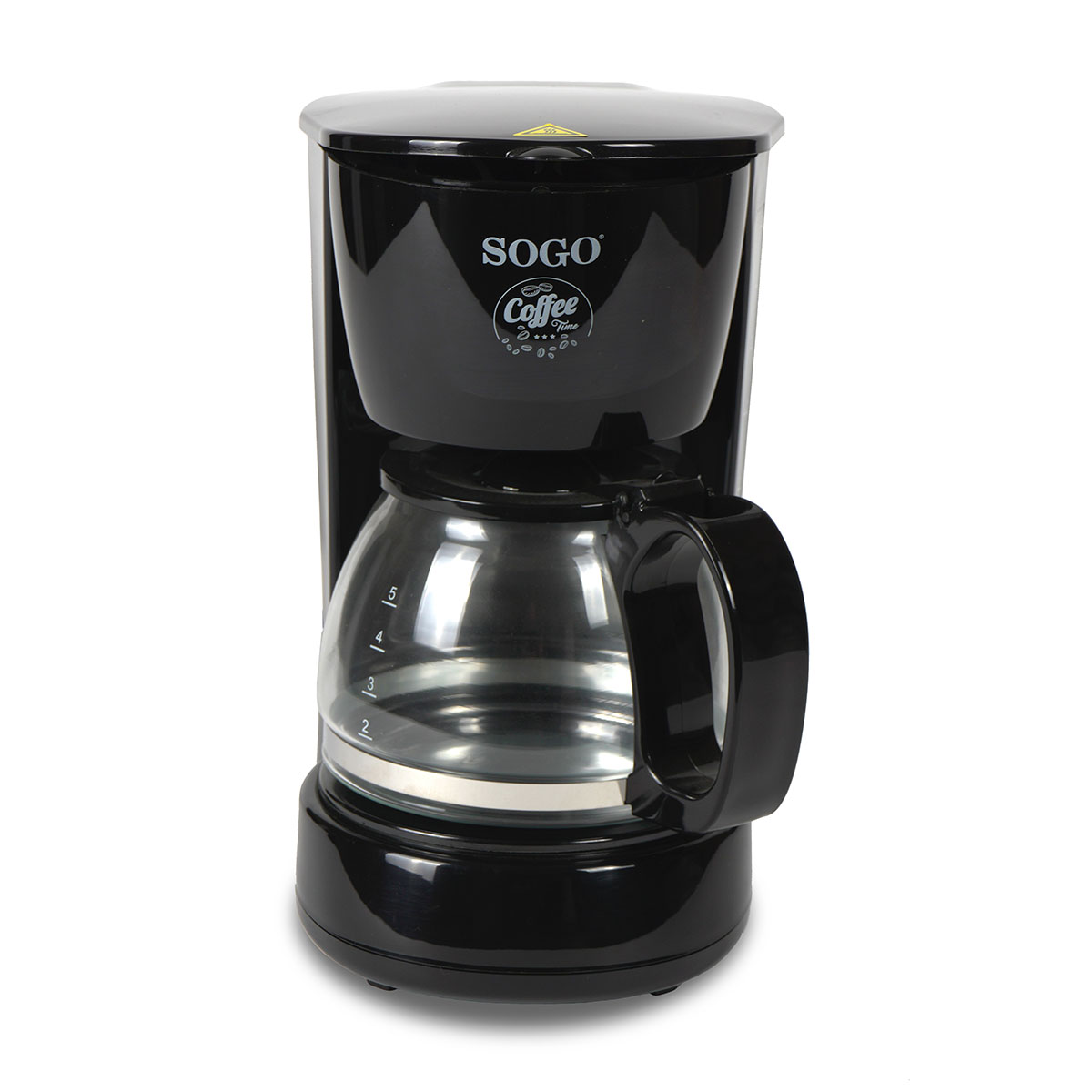 Cafetera negra con jarra de cristal. El vidrio tiene marcas para el nivel del agua.