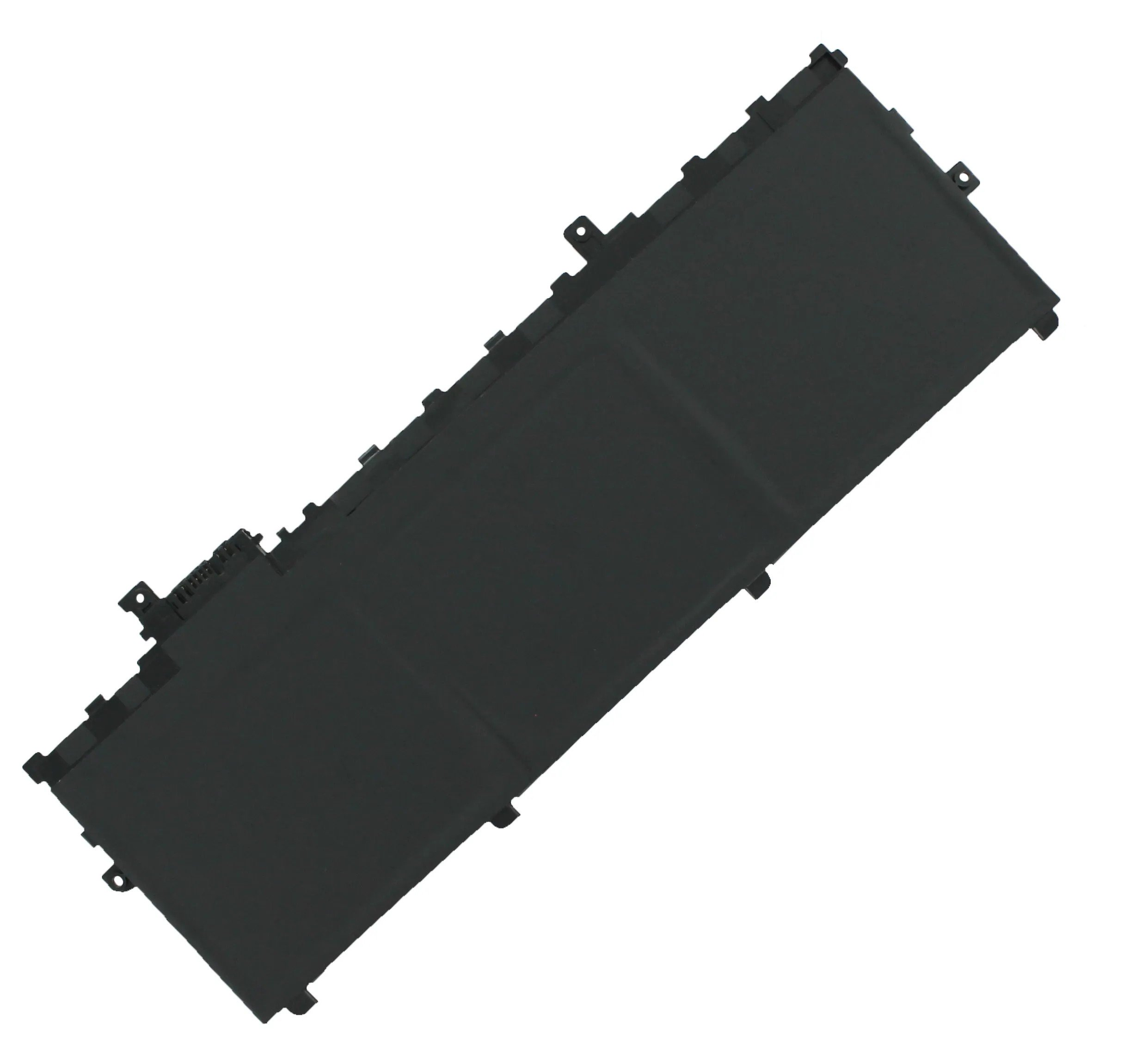 Eine schwarze Laptop-Batterie wird von oben schräg gezeigt.