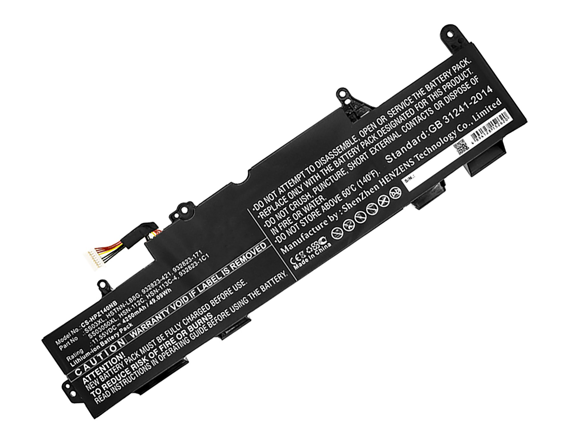 Laptop-Akkupack mit Warnhinweisen. Schwarzer und silberner Akku mit weißem Text und Etiketten.