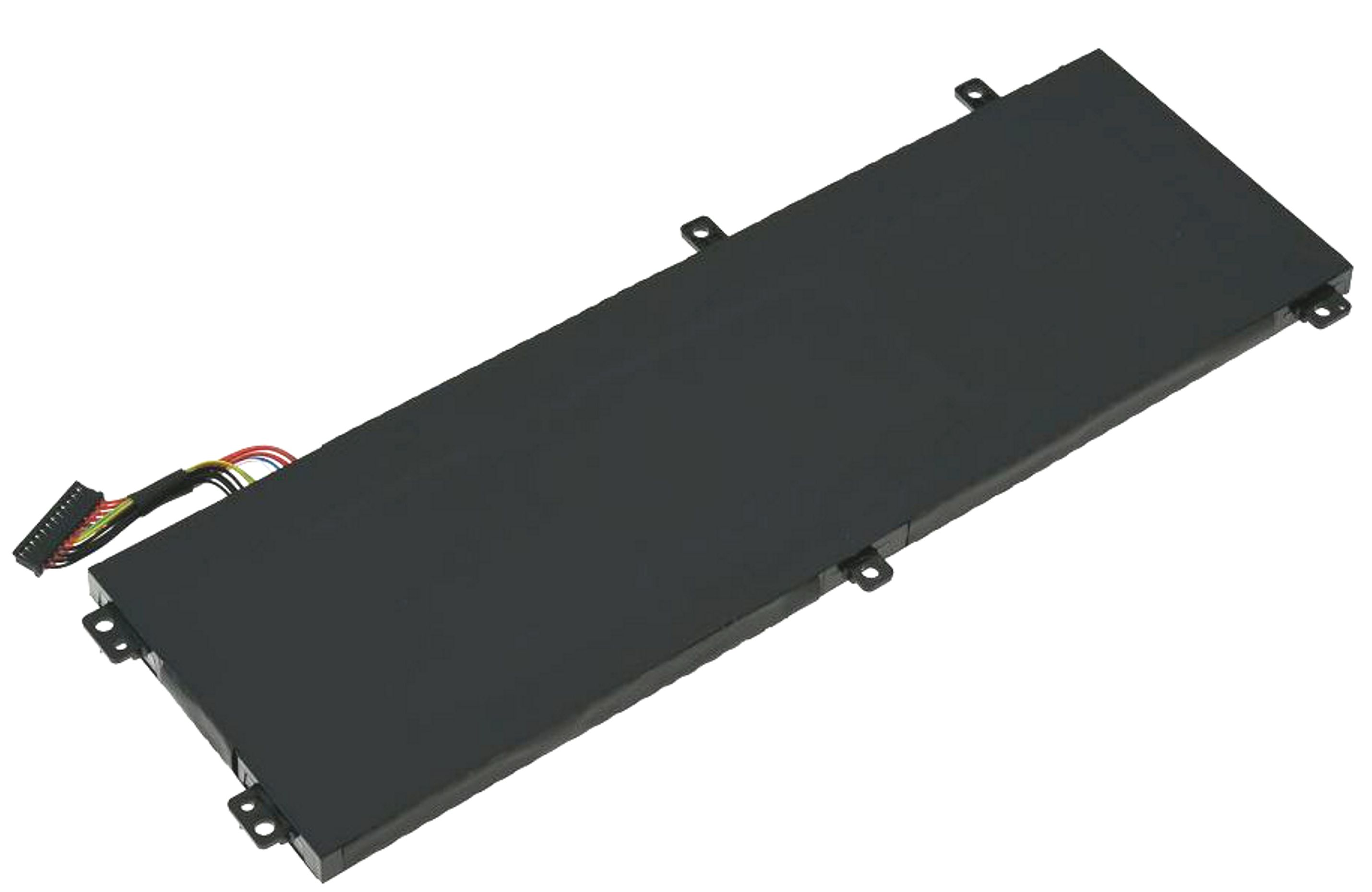 Ein schwarzer Laptop-Akku mit angeschlossenem Stecker. Weißer Hintergrund.