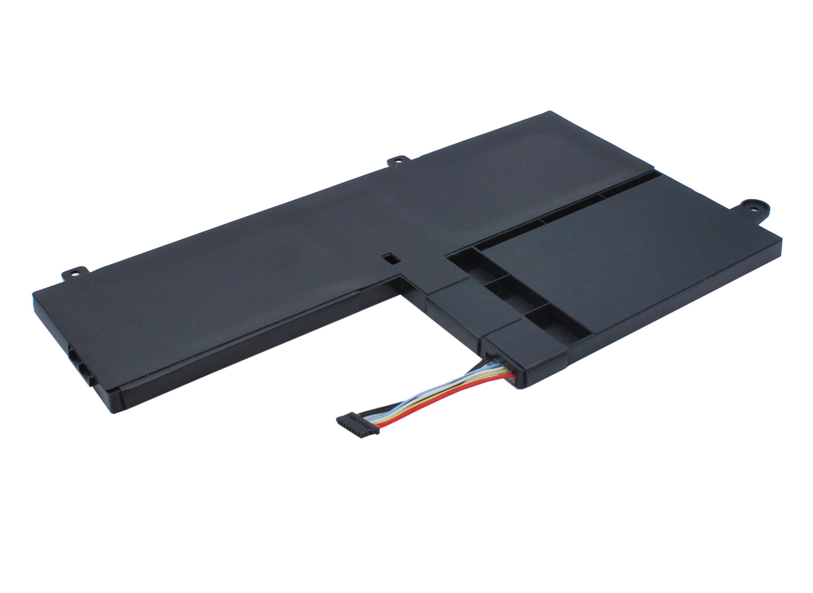 Schwarzer Laptop-Akku mit Stecker und mehrfarbigen Kabeln auf weißem Hintergrund. Schräge Ansicht.