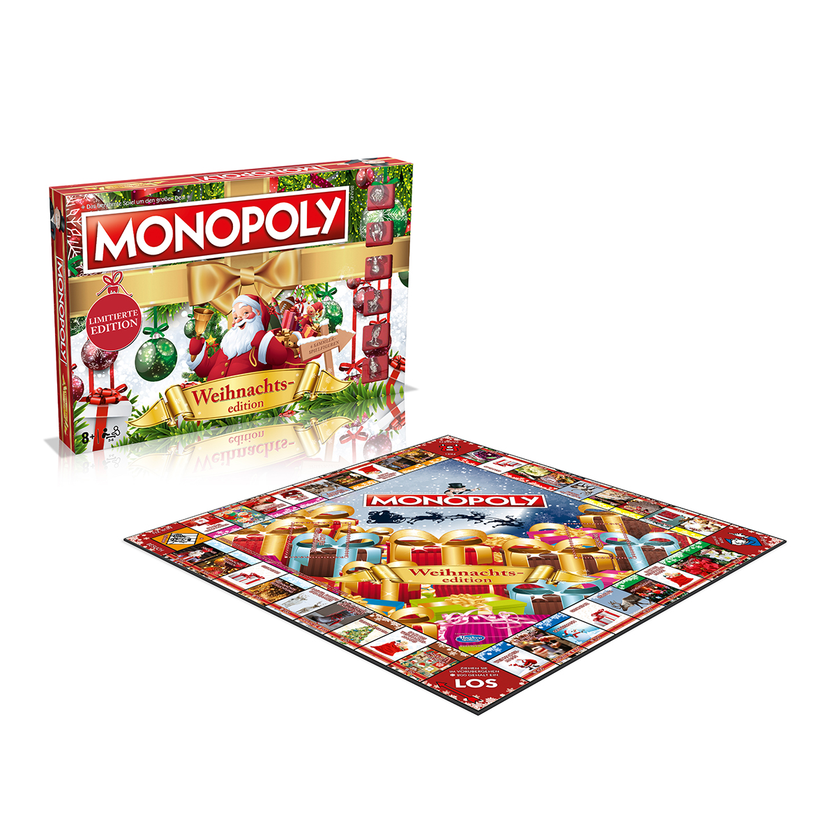 Monopoly Weihnachts-Edition Spielbox und Spielbrett liegen auf weißem Untergrund, mit Weihnachtsmotiv.