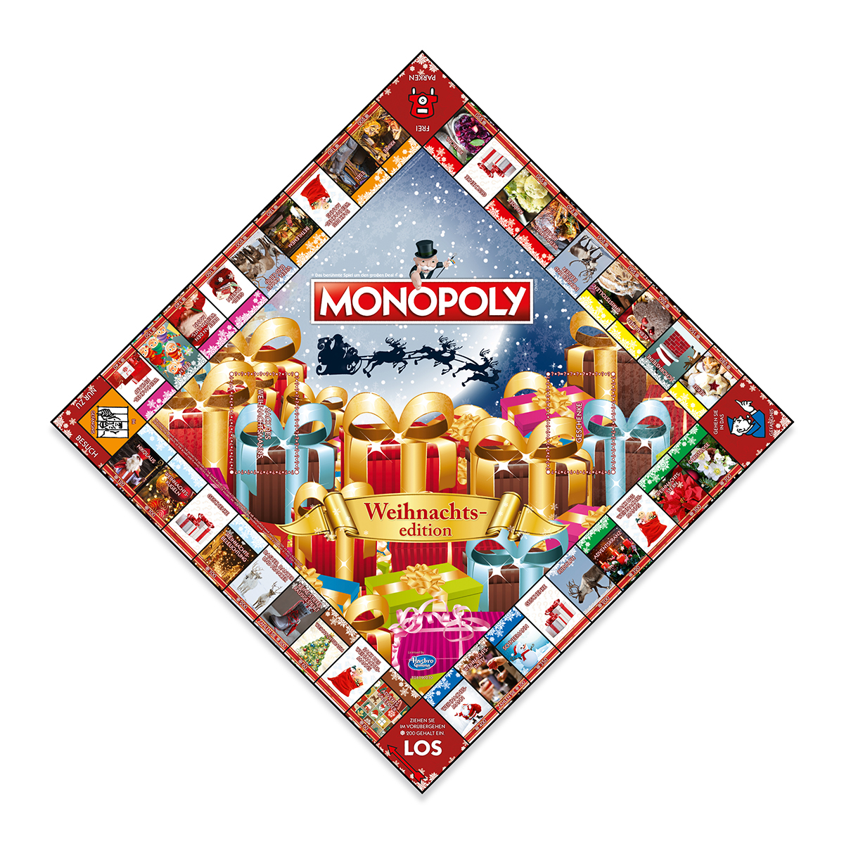 Monopoly Weihnachtsedition Brettspiel, rautenförmig, festliches Design.
