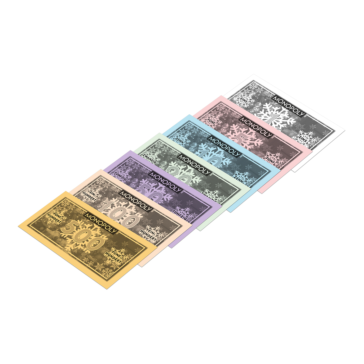 Monopoly-Geld in verschiedenen Farben, mit Schneeflocken-Designs und verschiedenen Werten.