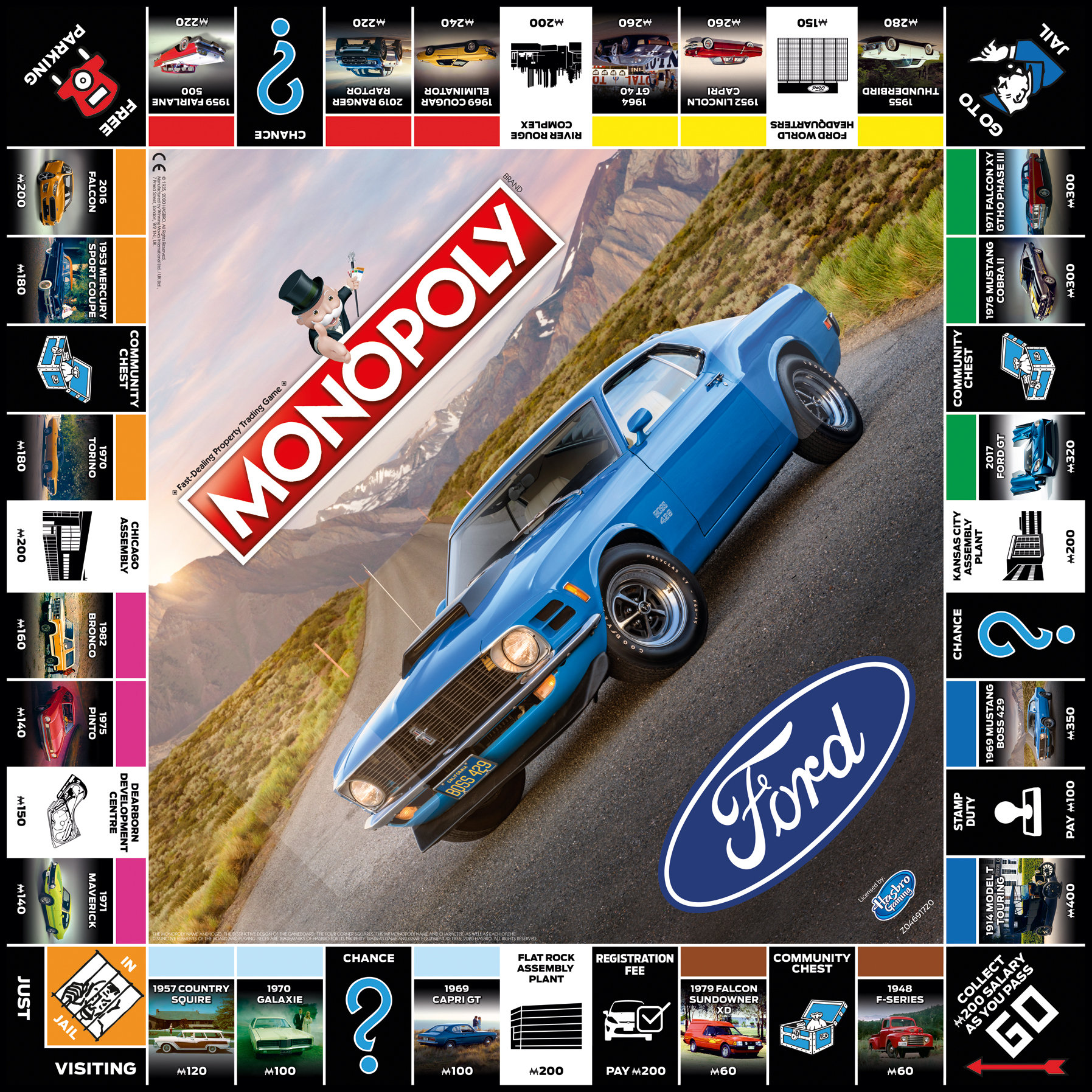 Monopoly-Brettspiel mit blauem Ford-Auto und verschiedenen Immobilienfeldern.