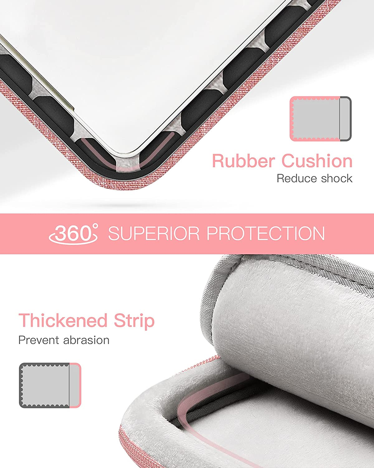 Eine rosa Laptoptasche mit Gummidämpfung und einem dicken Streifen zur Abriebverhinderung.