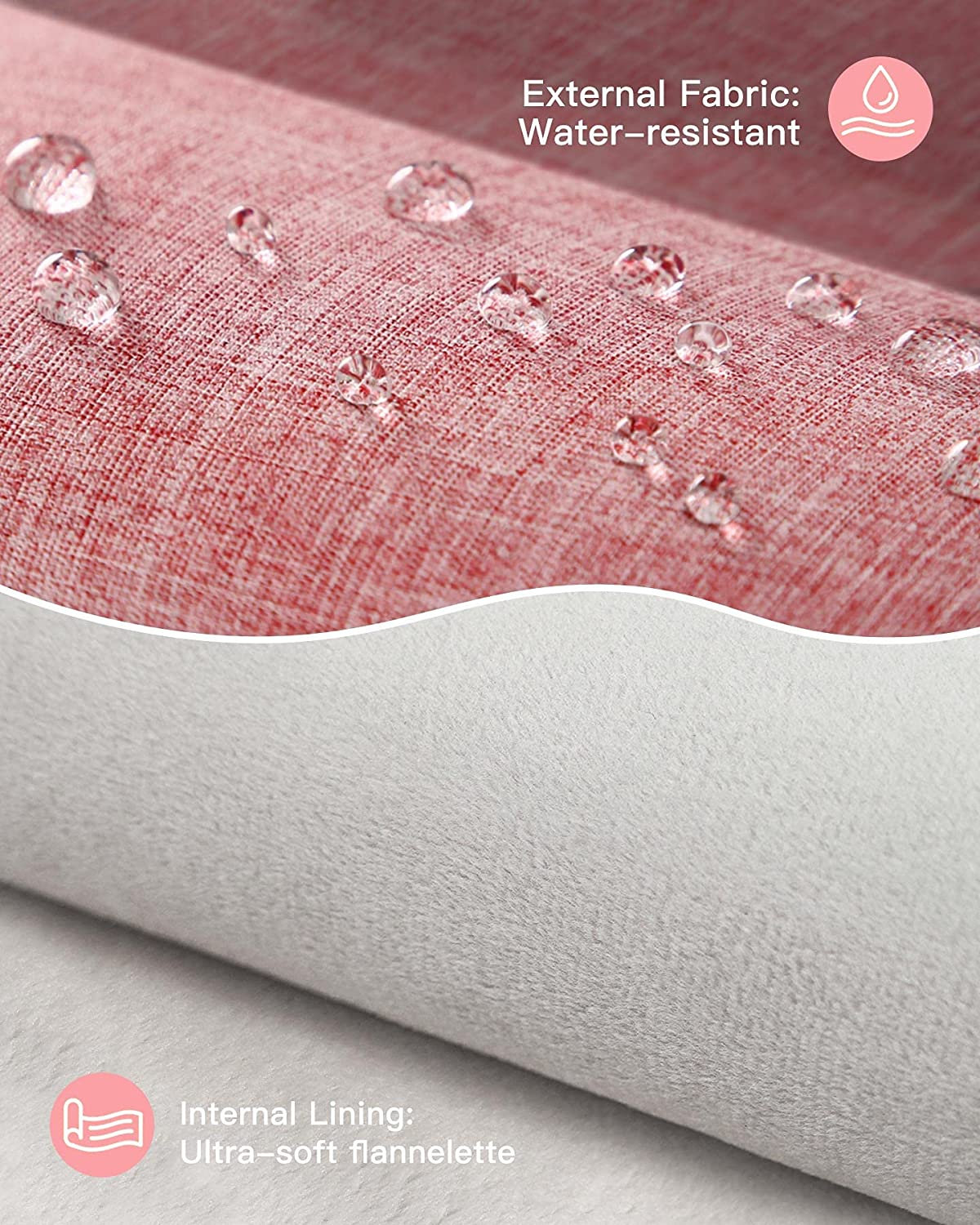 Wassertropfen auf rotem Stoff, mit weißer flauschiger Unterseite, gekennzeichnet als wasserabweisend.