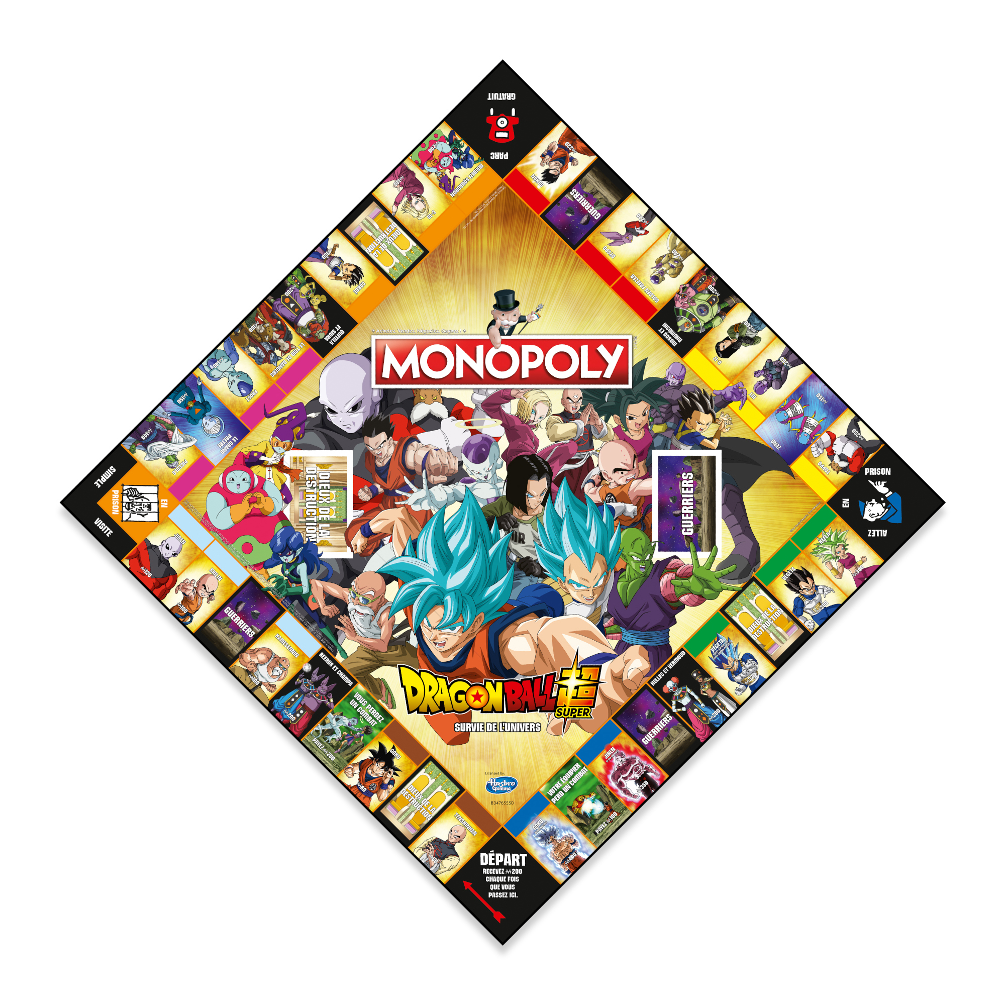 Monopoly-Brettspiel mit Dragon Ball Super-Charakteren. Das Spielbrett hat eine Diamantenform.