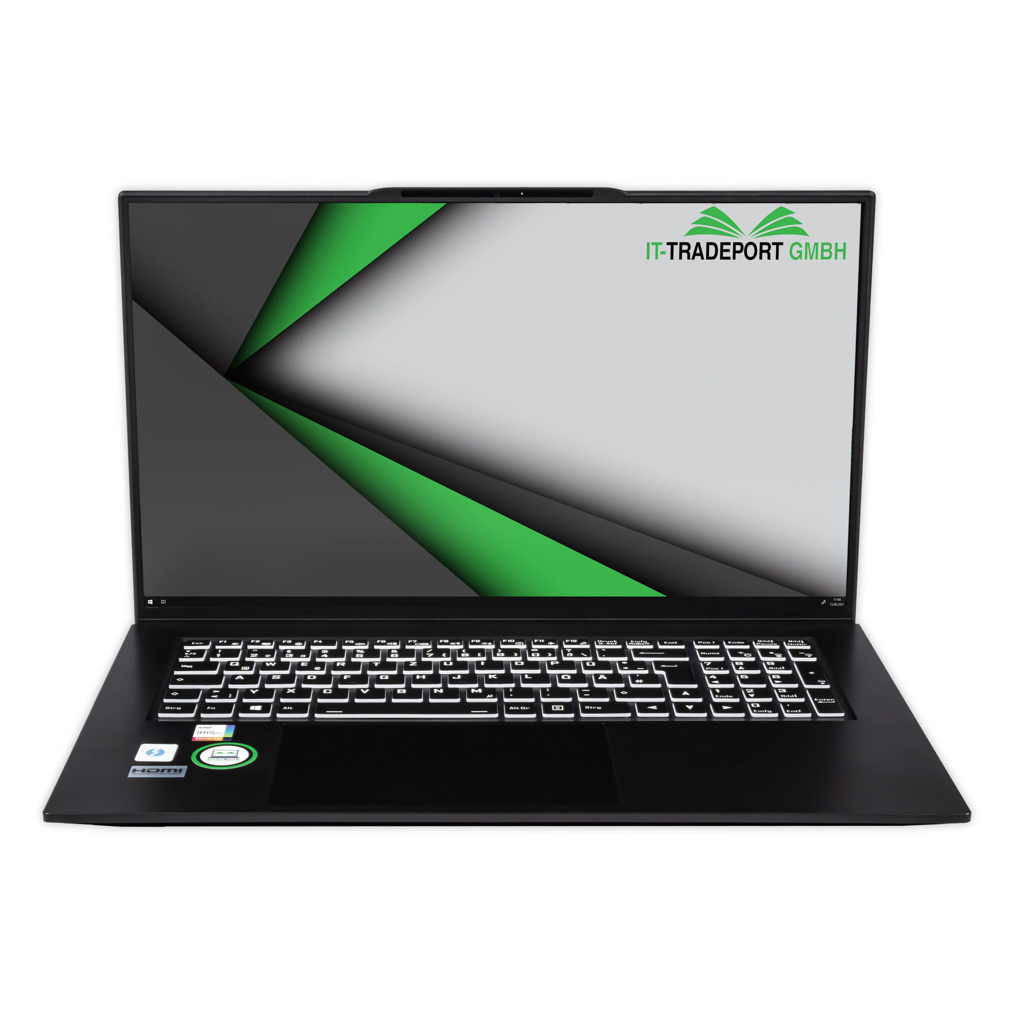 Schwarzer Laptop mit weißer Hintergrundbeleuchtung, grünen Akzenten und IT-TRADEPORT Logo.