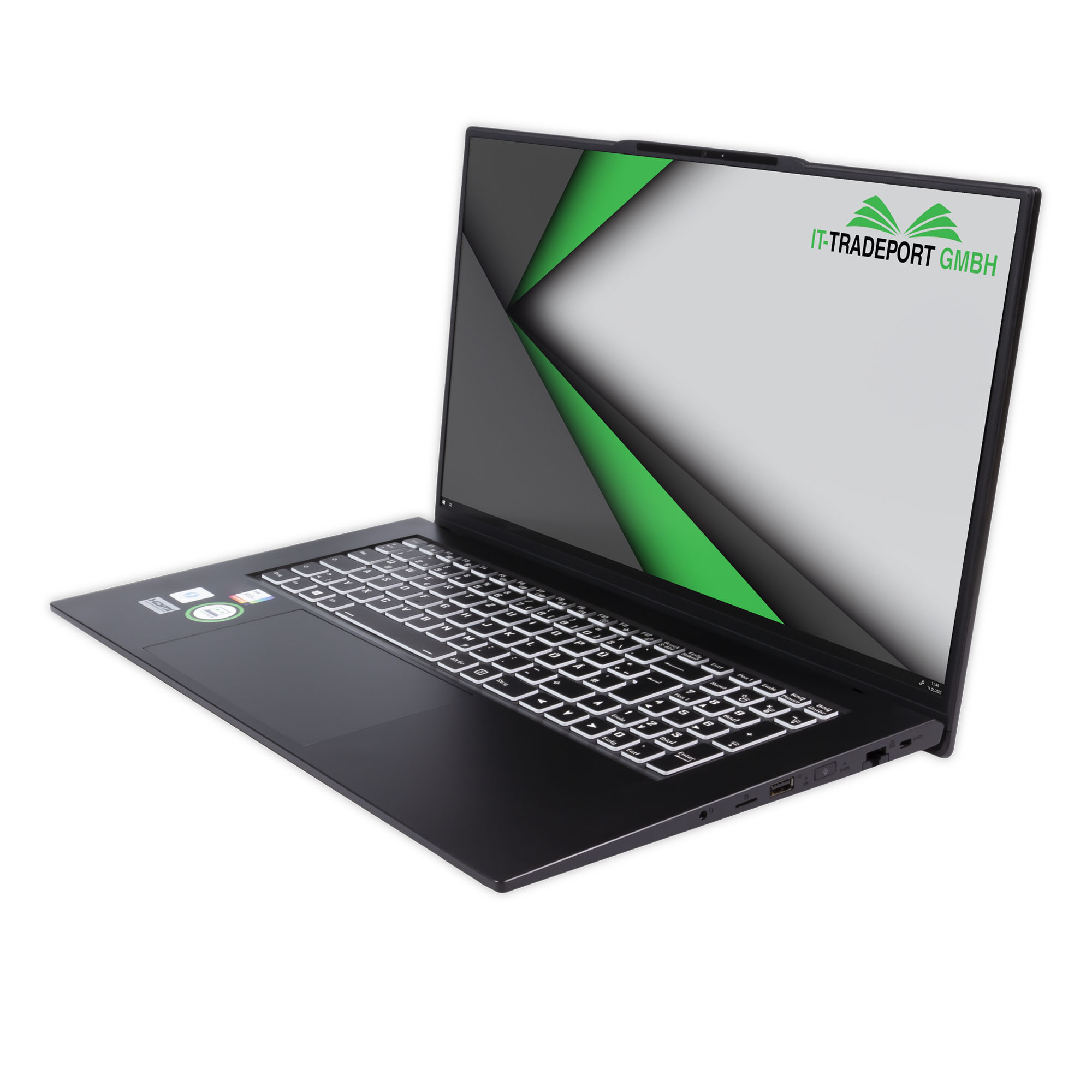 Schwarzer Laptop mit weißer Tastatur, grünen Akzenten und IT-TRADEPORT Logo auf dem Bildschirm.
