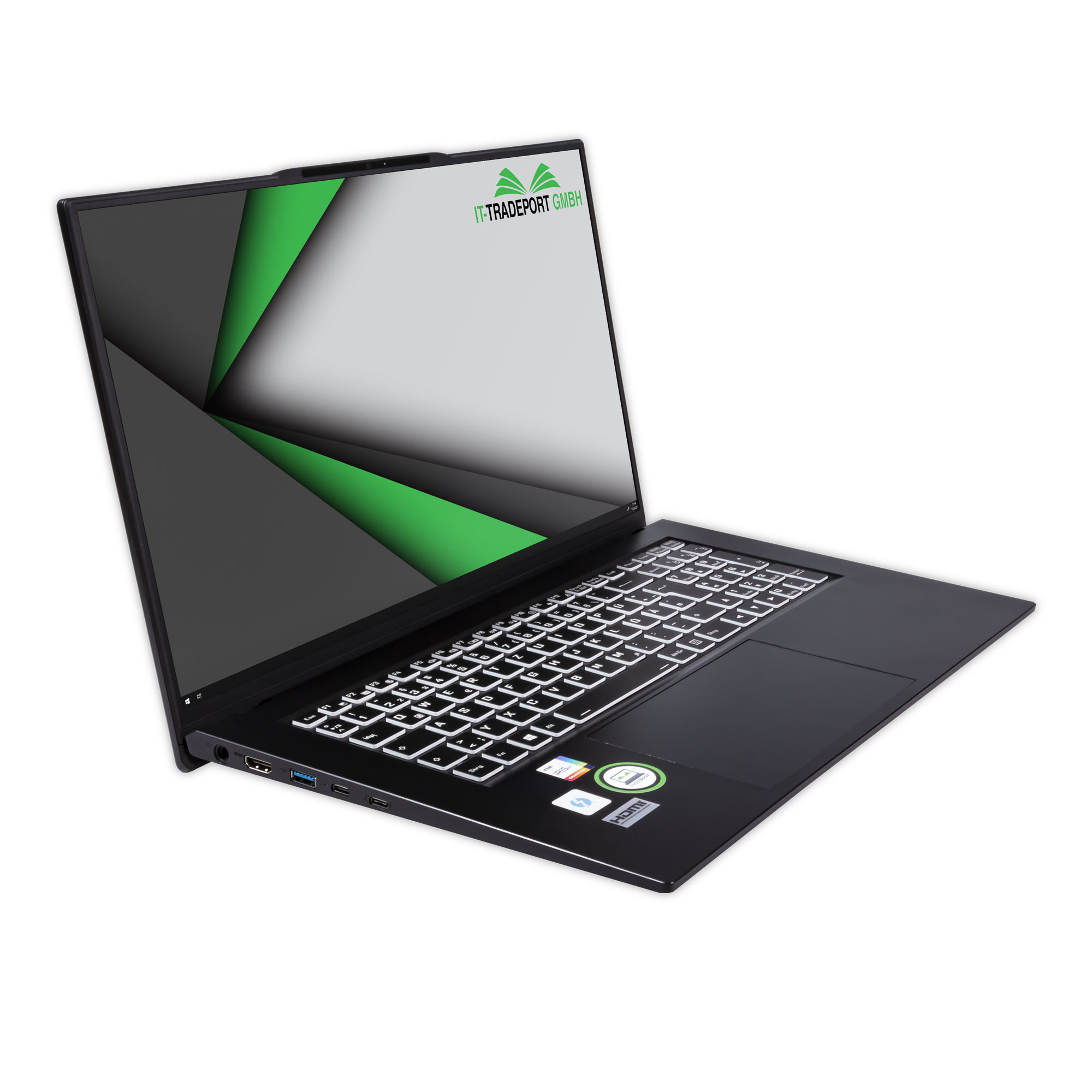 Schwarzer Laptop mit weißer Tastatur, grünen Akzenten und IT-TRADEPORT Logo auf dem Bildschirm.