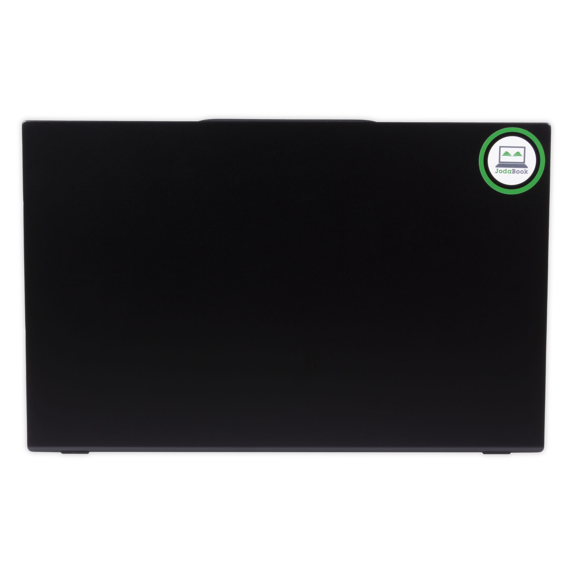 Geschlossener schwarzer Laptop mit Logo-Aufkleber. Die Oberfläche ist glatt.