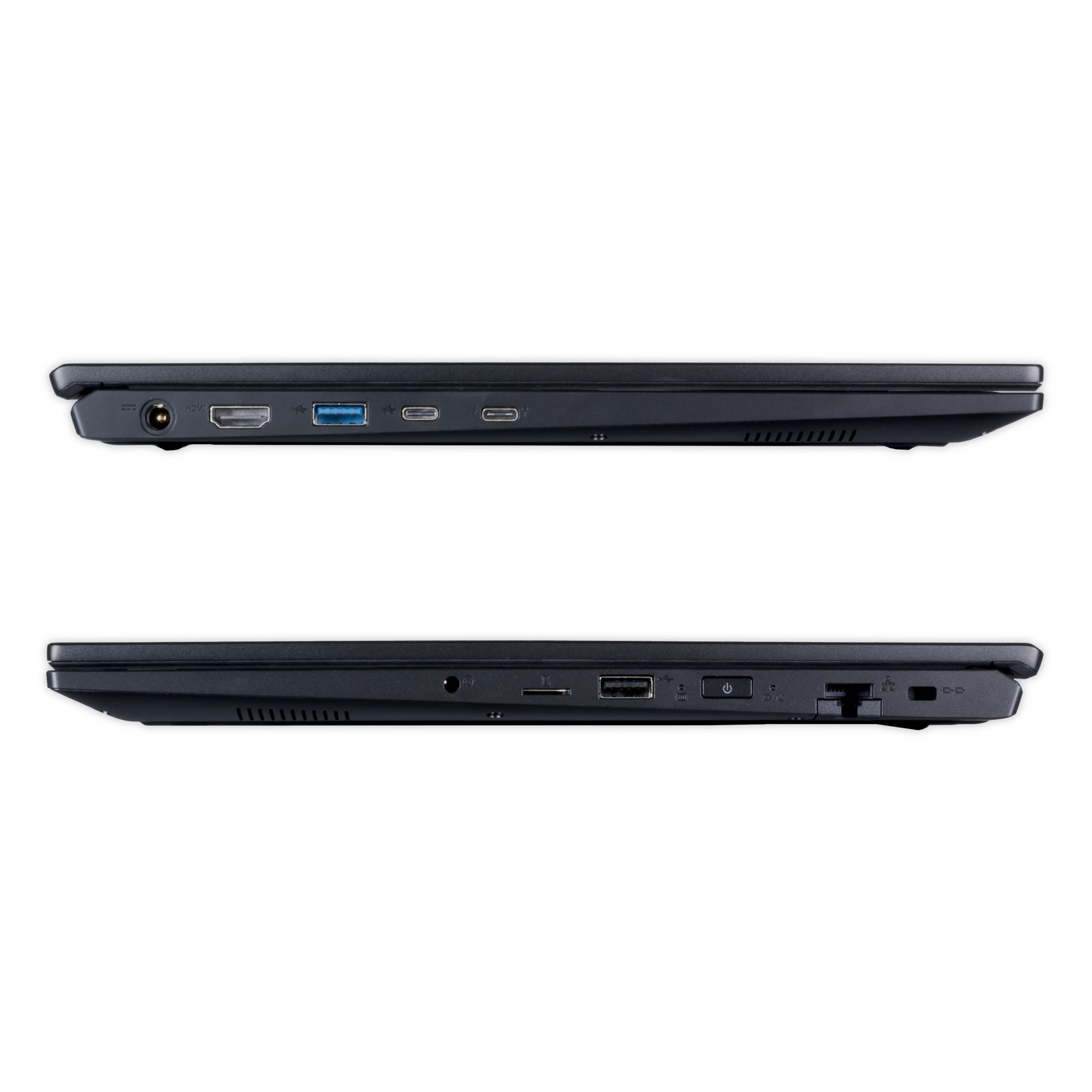 Zwei Ansichten der Seite eines schwarzen Laptops mit Anschlüssen und Lüftungsschlitzen.