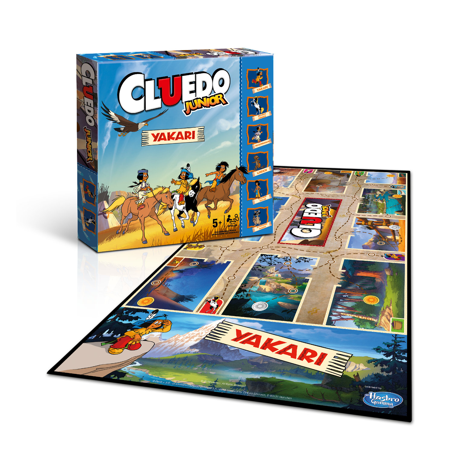 Cluedo Junior Brettspielbox und Spielbrett. Die Box zeigt eine Cartoon-Szene von Ureinwohnern.