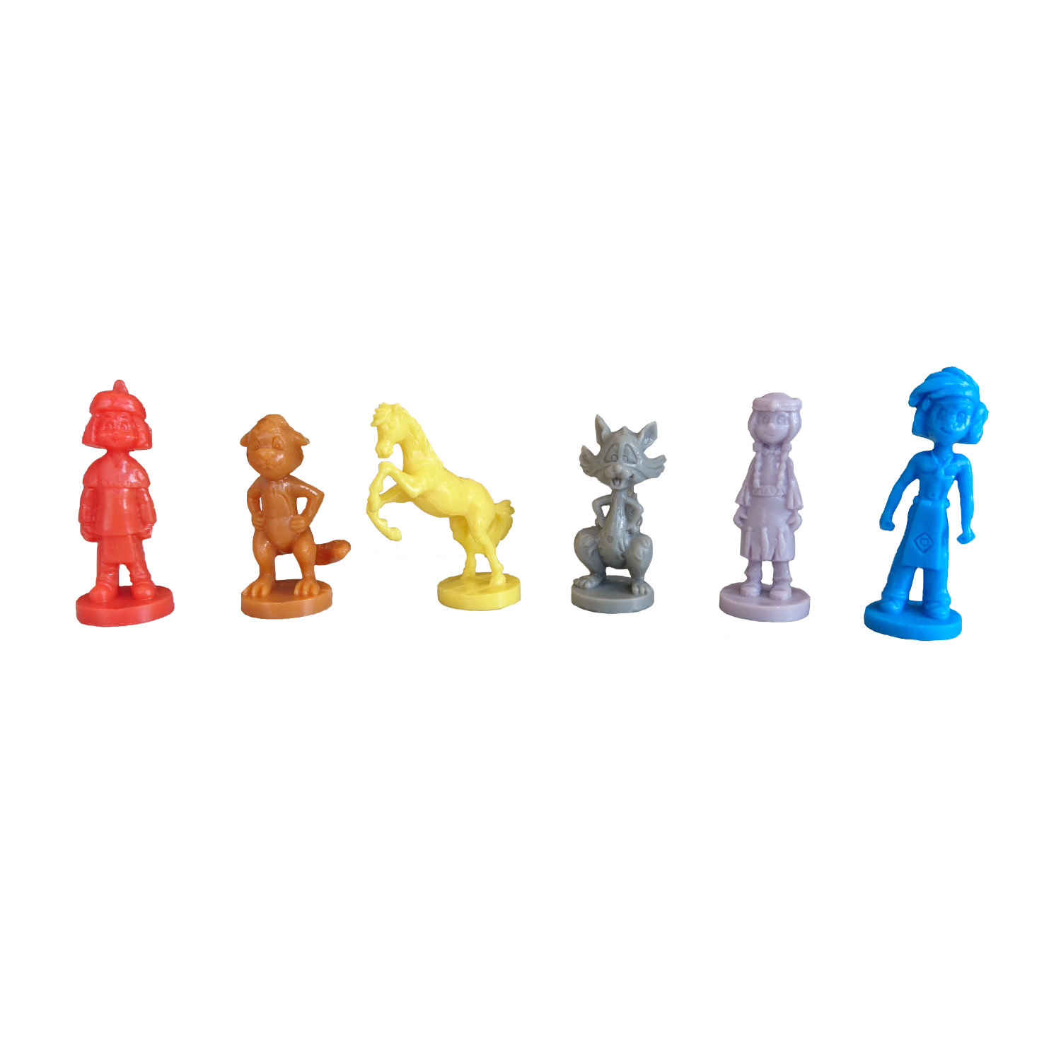 Sechs bunte Spielzeugfiguren: ein Feuerwehrmann, ein Bär, ein Pferd, ein Fuchs, ein Mädchen und ein Junge.
