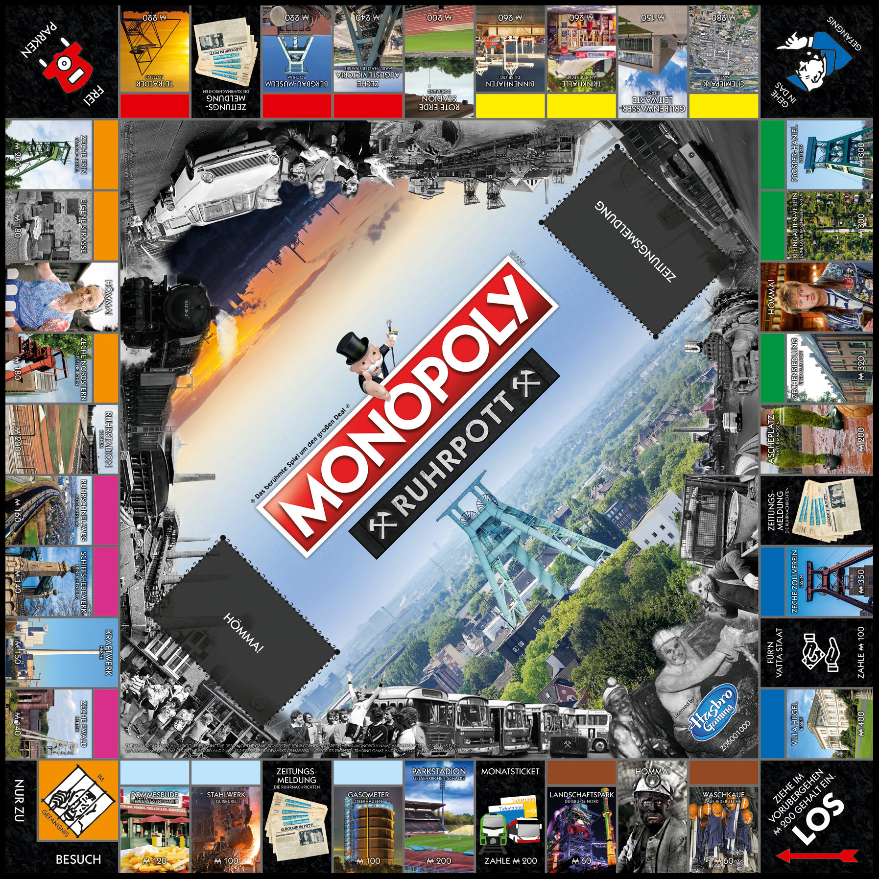 Ein Monopoly-Brettspiel mit dem Ruhrpott-Thema, mit verschiedenen Stadtansichten.