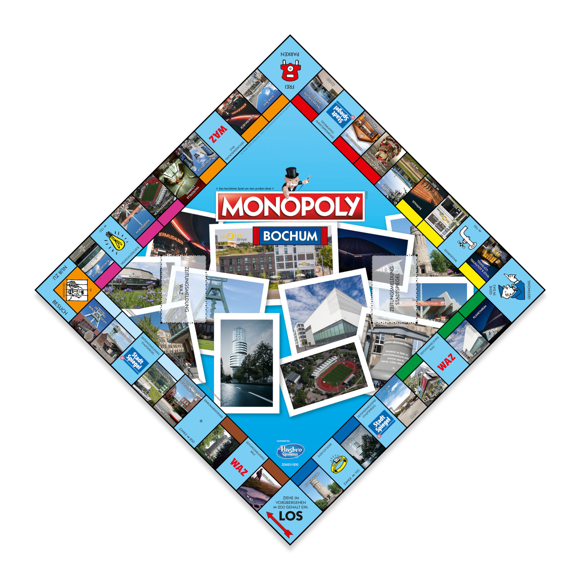 Monopoly-Brettspiel mit Bildern einer Stadt darauf. Es hat die Form einer Raute.