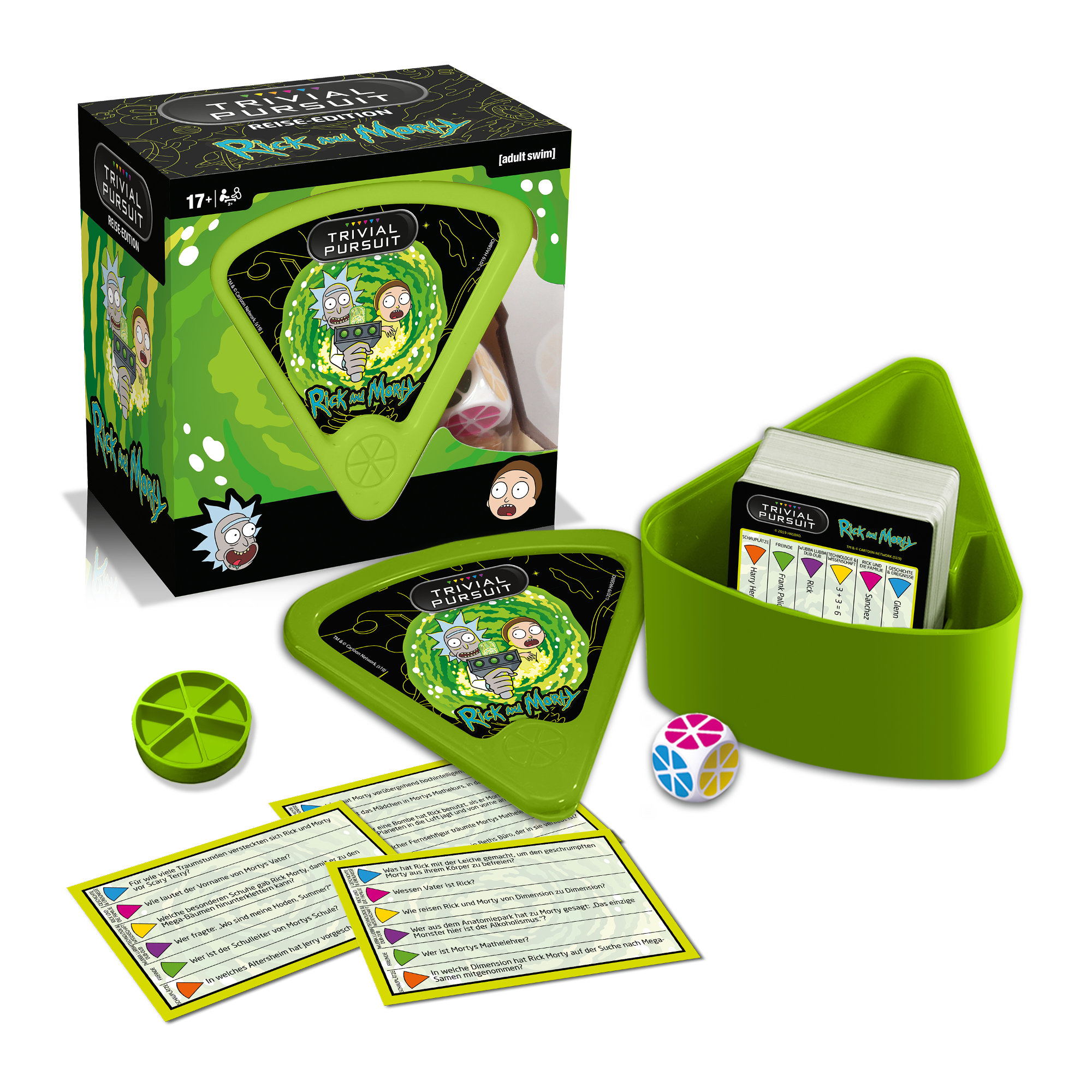 Rick and Morty Trivial Pursuit Spiel. Grüne Spielsteine und eine Spielbox mit Illustrationen.